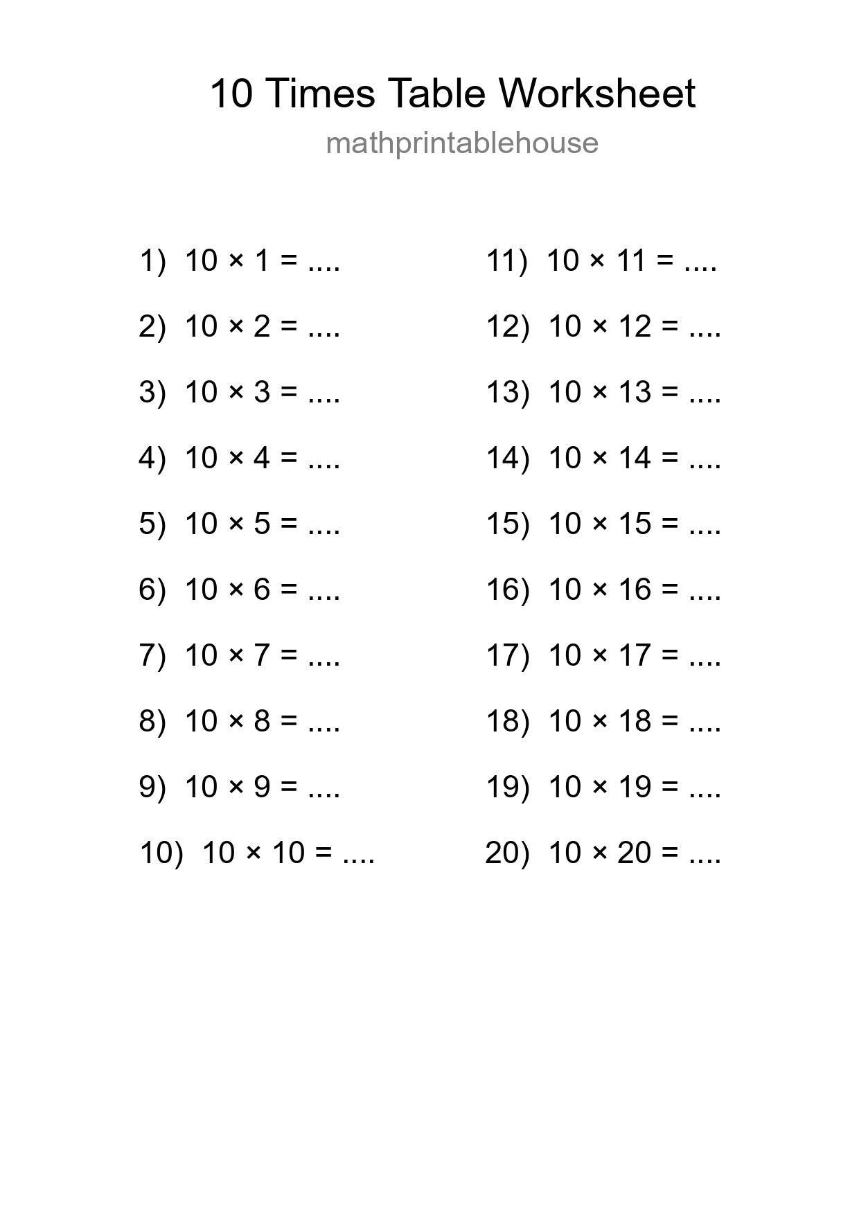 10 Times Table Worksheet For Grade 3 - Part 251