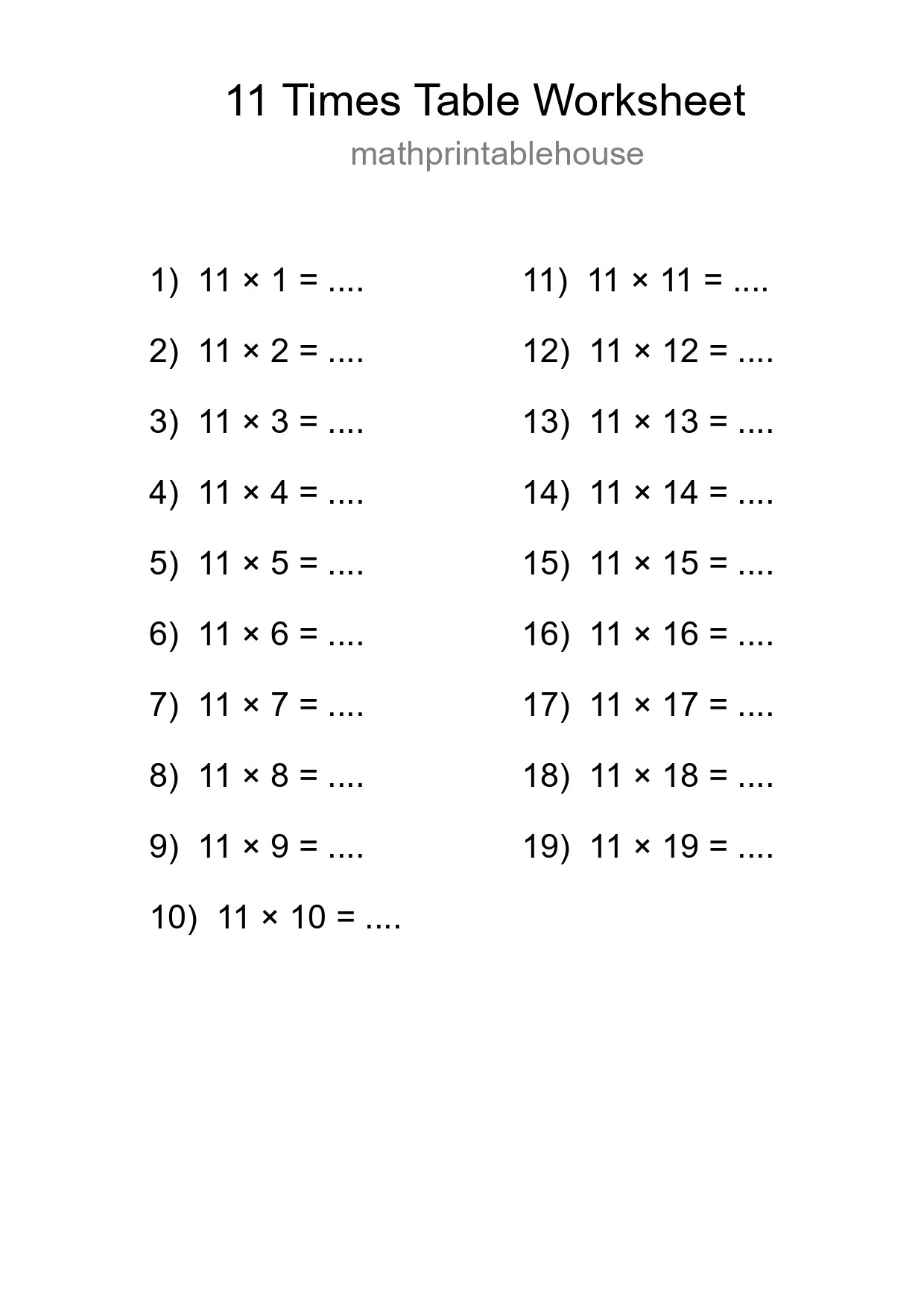 11 Times Table Worksheet For Grade 4 With Answers - Part 86