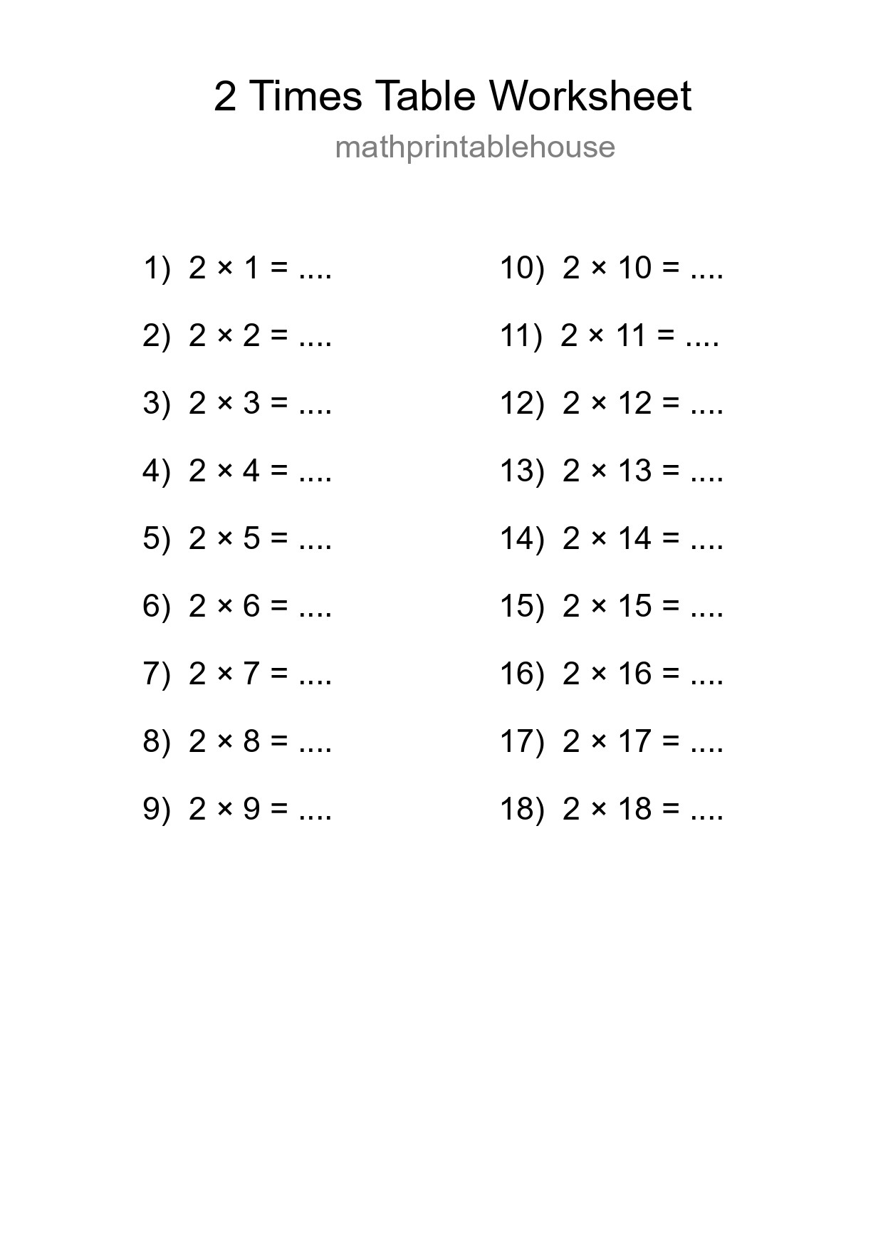 2 Times Table Worksheet For Grade 2 With Answers - Part 163