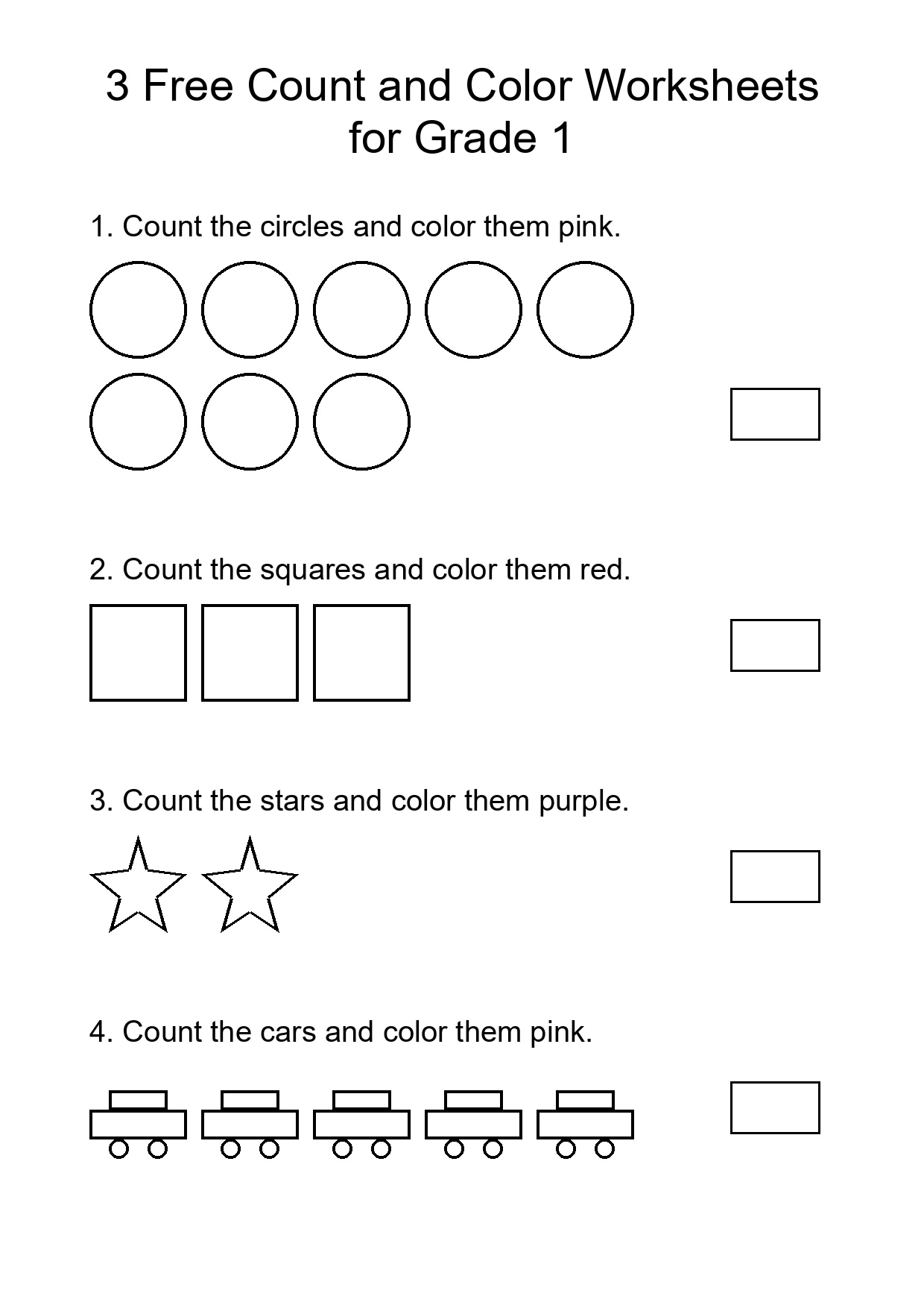 3 Free Count and Color Worksheets for Grade 1
