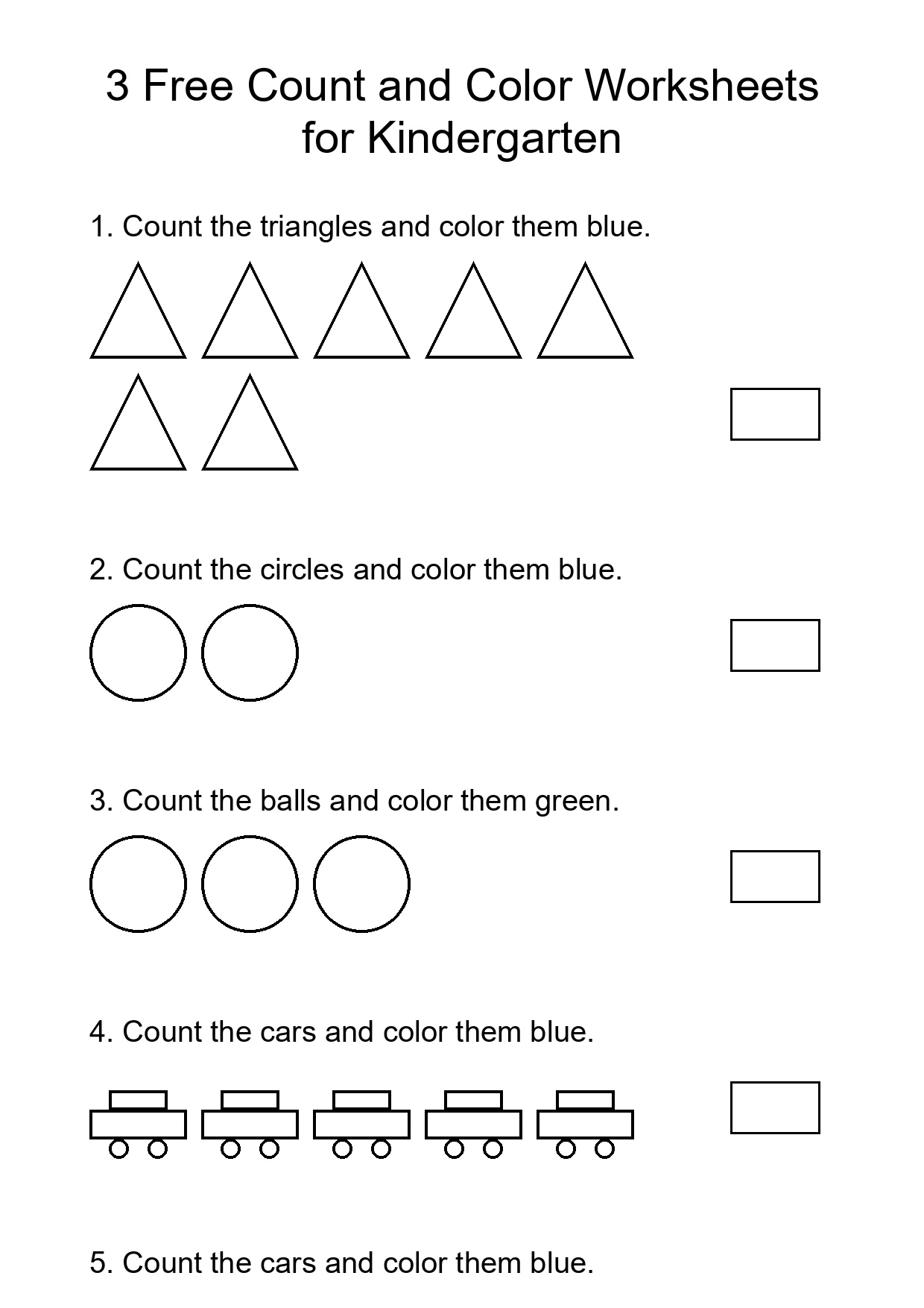 3 Free Count and Color Worksheets for Kindergarten