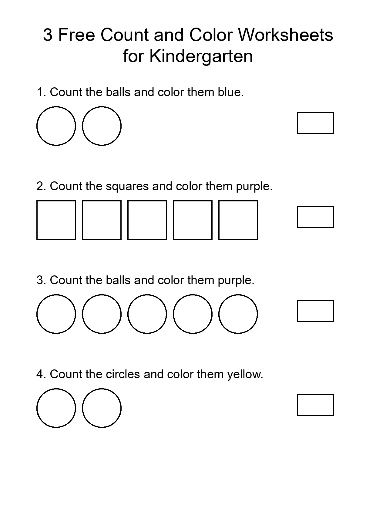 3 Free Count and Color Worksheets for Kindergarten