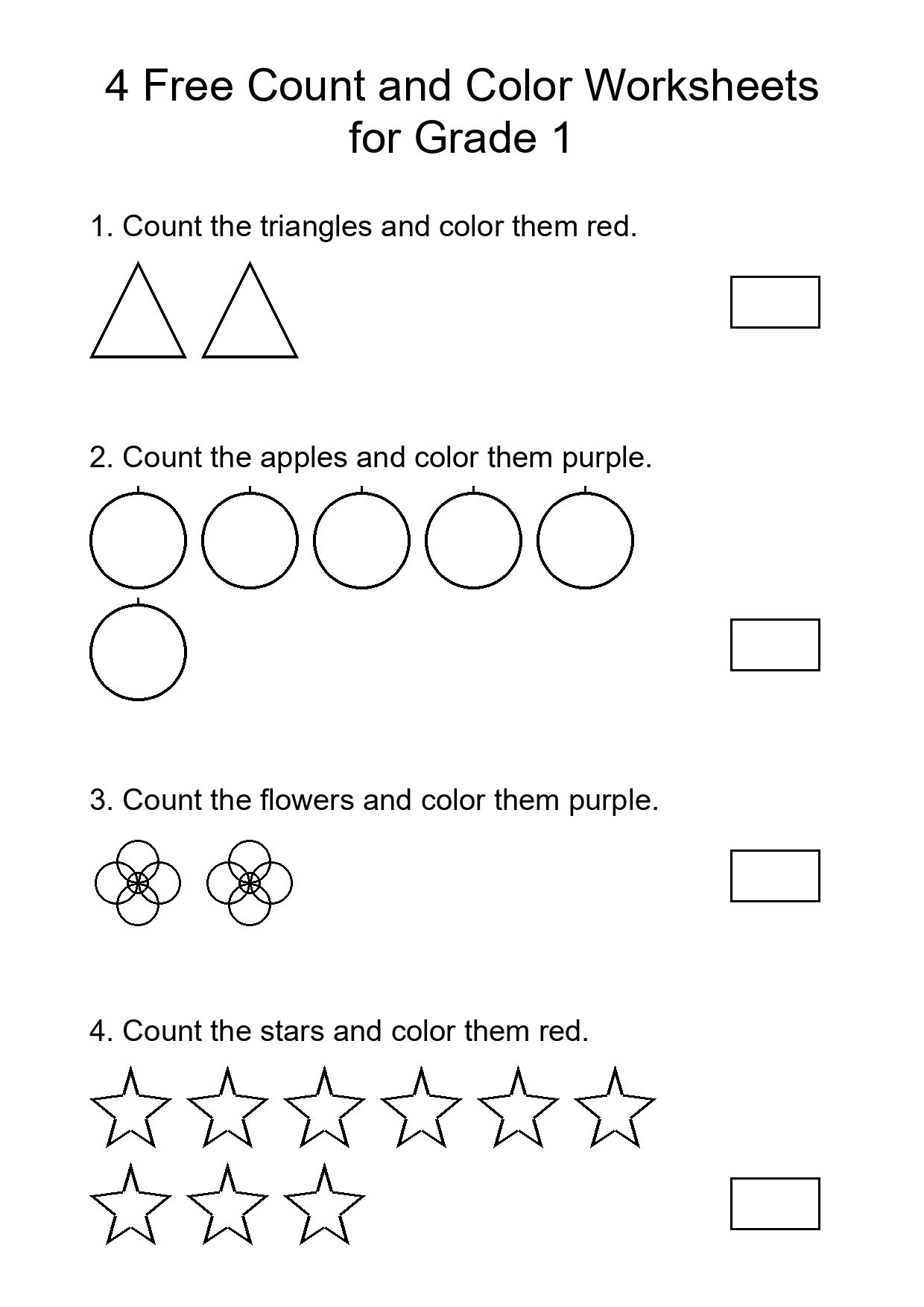 4 Free Count and Color Worksheets for Grade 1