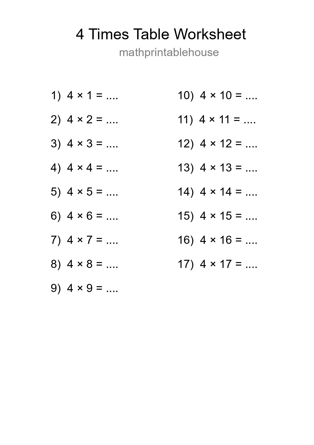 4 Times Table Worksheet For Grade 2 - Part 20