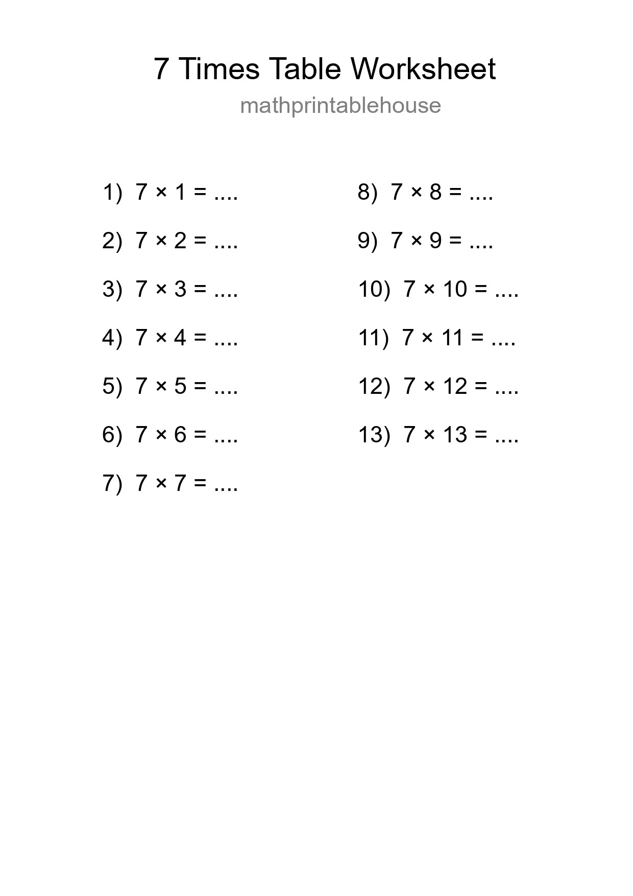7 Times Table Worksheet For Grade 3 - Part 108