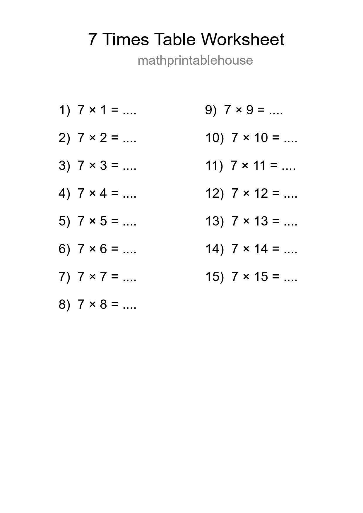 7 Times Table Worksheet For Grade 3 - Part 284