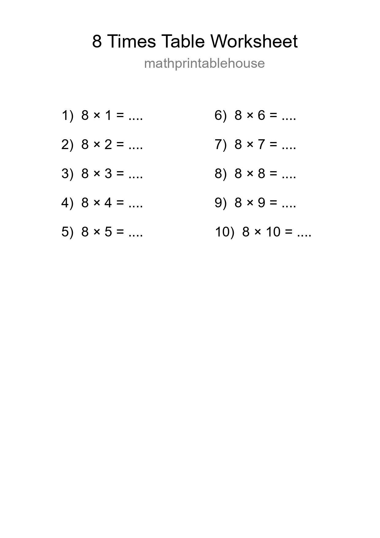 8 Times Table Worksheet For Grade 3 With Answers - Part 229