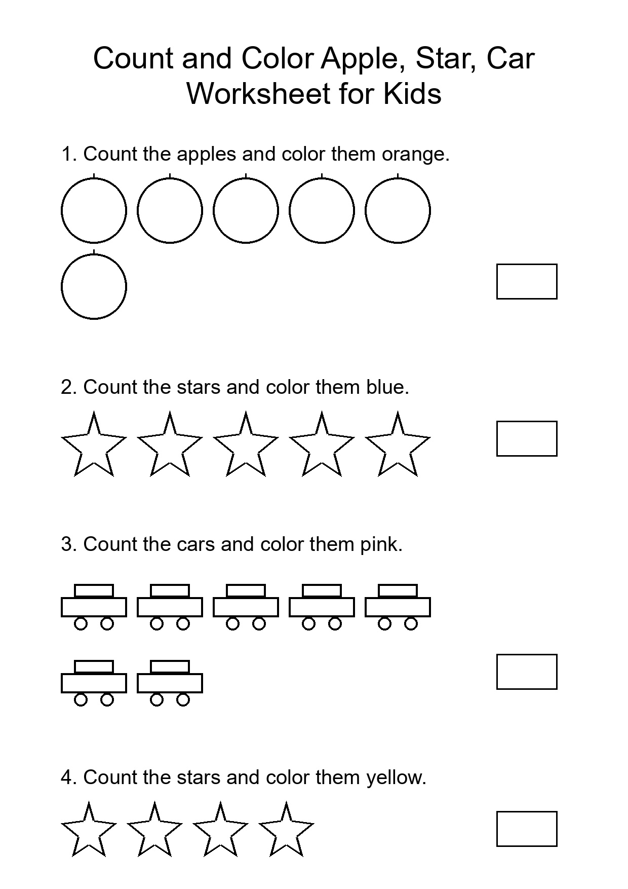 Count and Color Apple, Star, Car Worksheet for Kids