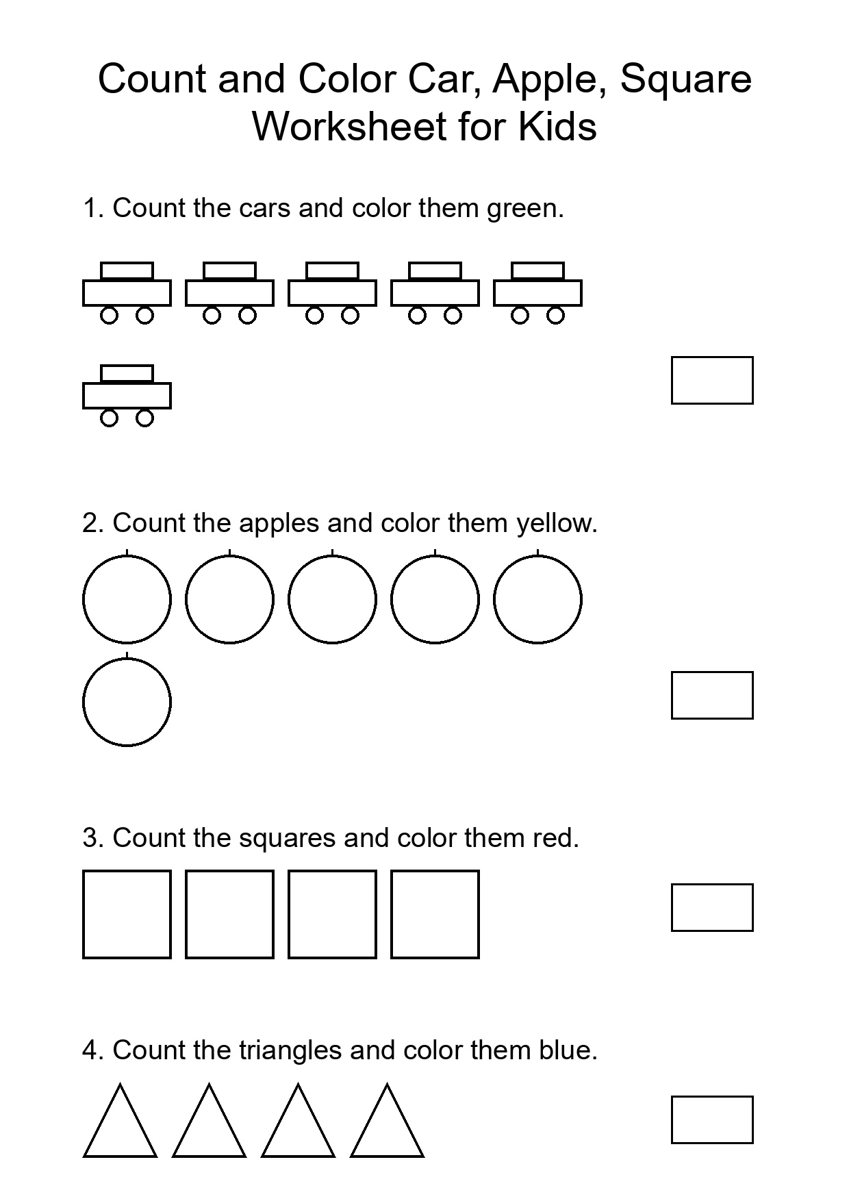 Count and Color Car, Apple, Square Worksheet for Kids