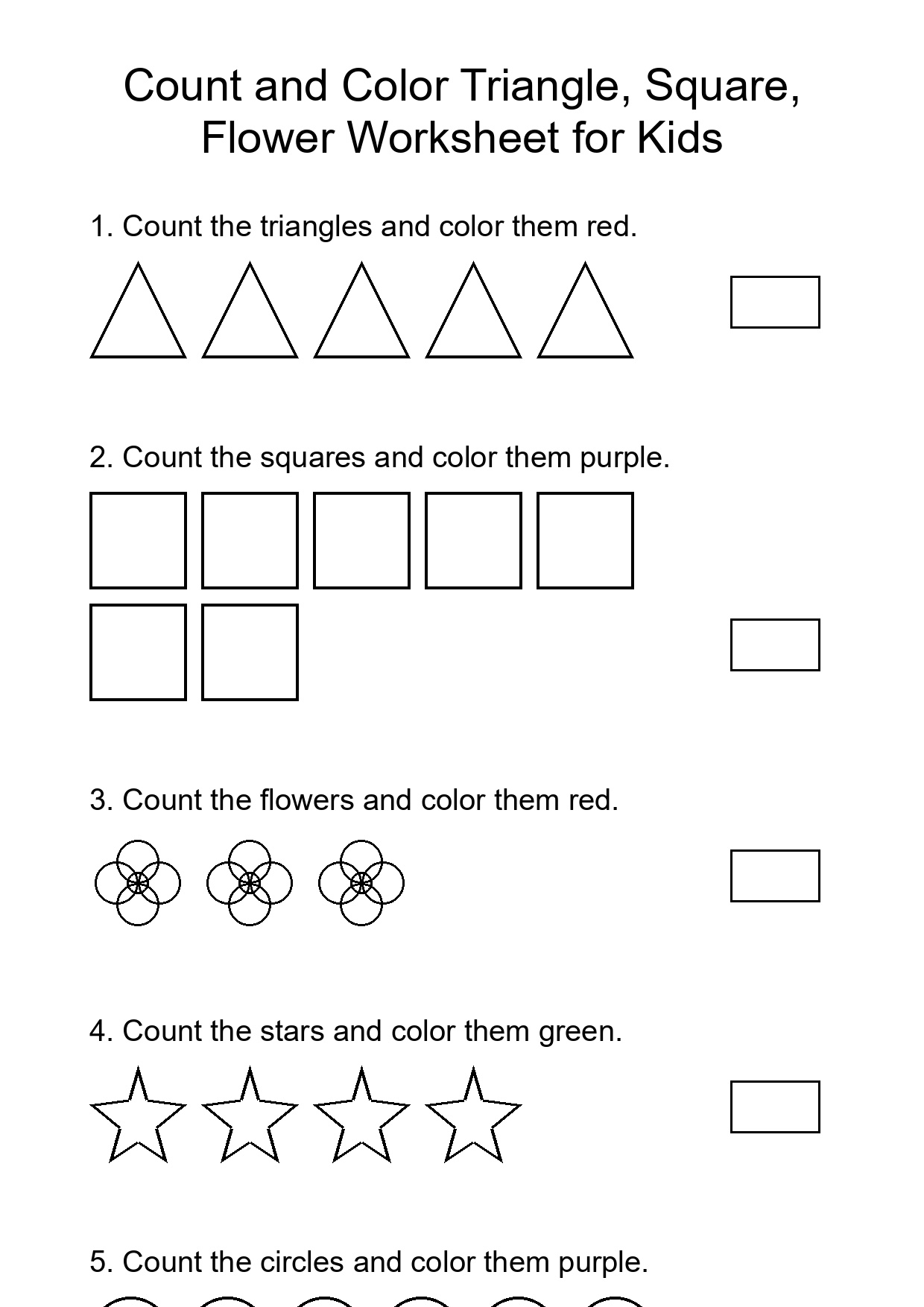 Count and Color Triangle, Square, Flower Worksheet for Kids