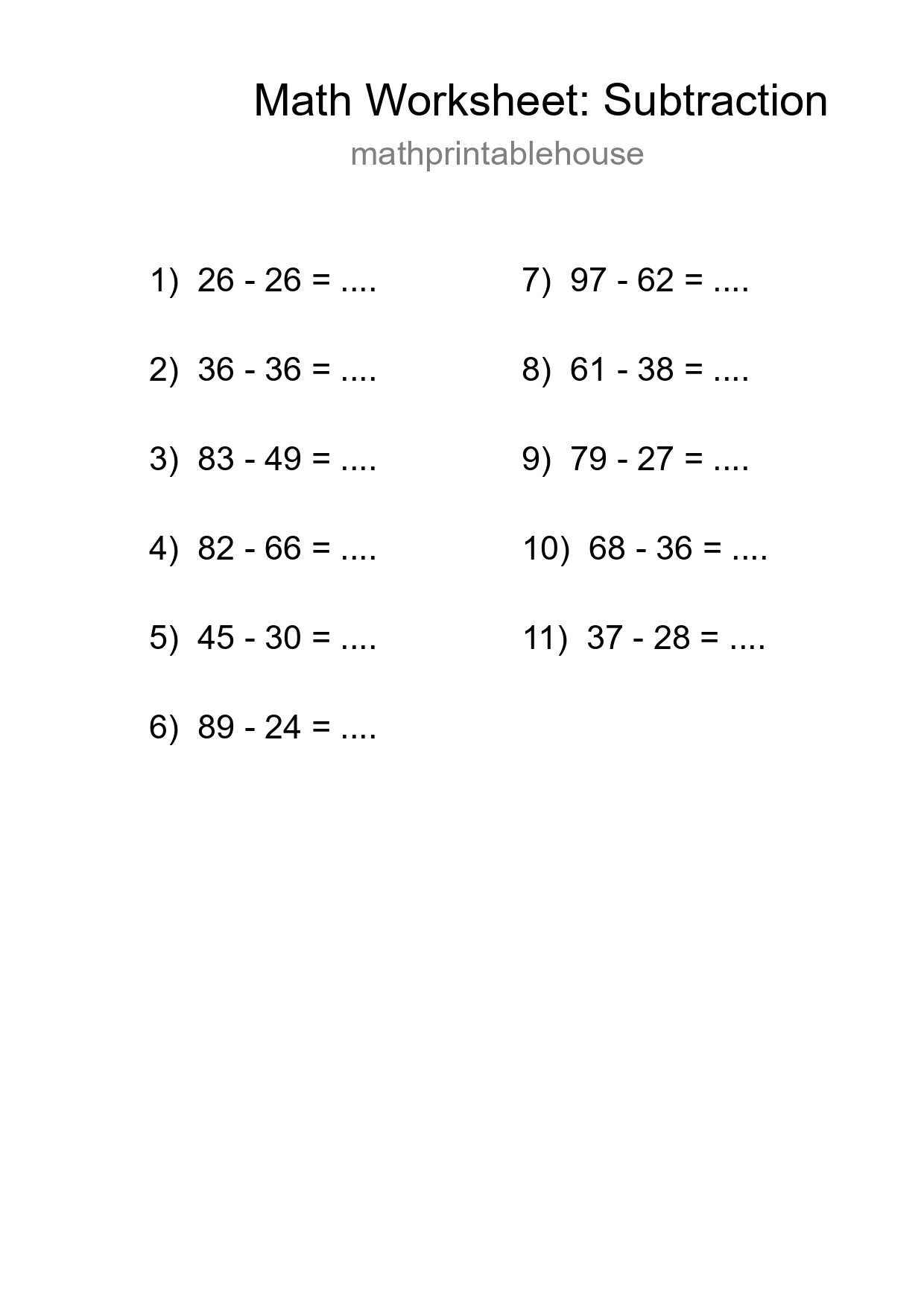 Free 11 Subtraction Math Worksheet For Grade 3 With Answers - Part 85