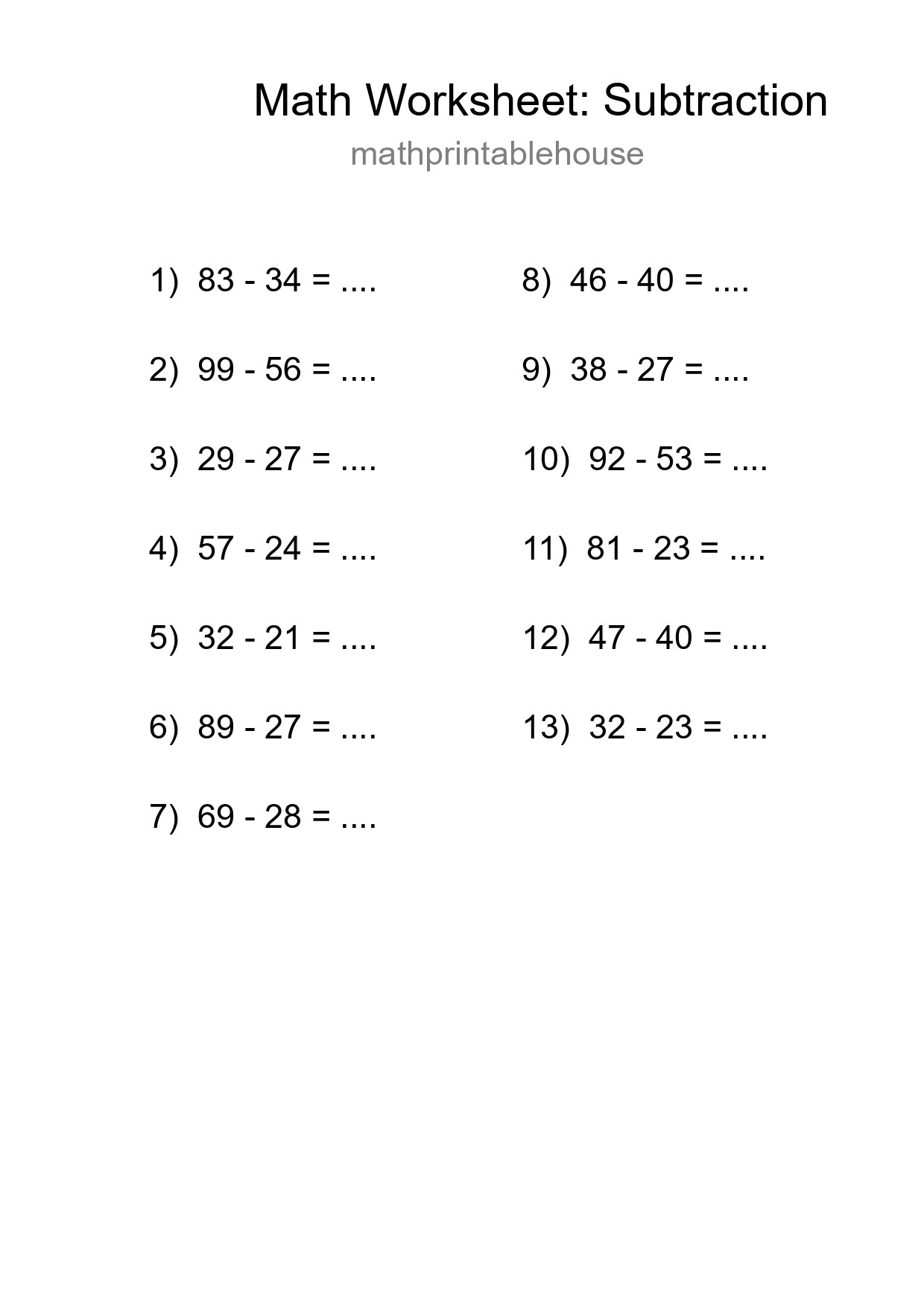 Free 13 Subtraction Math Worksheet For Grade 3 - Part 250