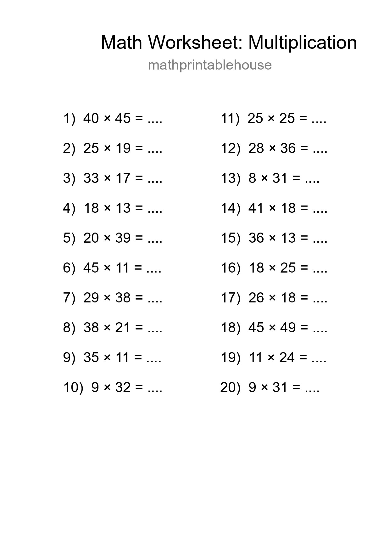 Free 20 Multiplication Math Worksheet For Grade 2 With Answers - Part 271