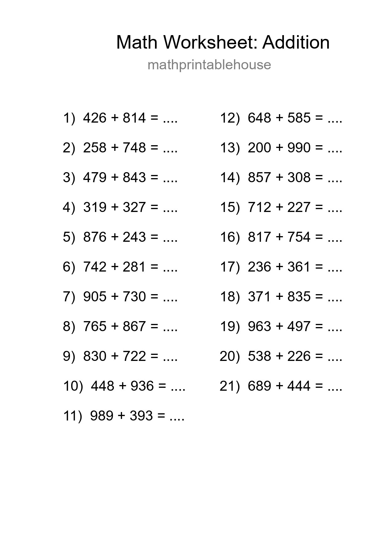 Free 21 Addition Math Worksheet For Grade 5 With Answers - Part 144