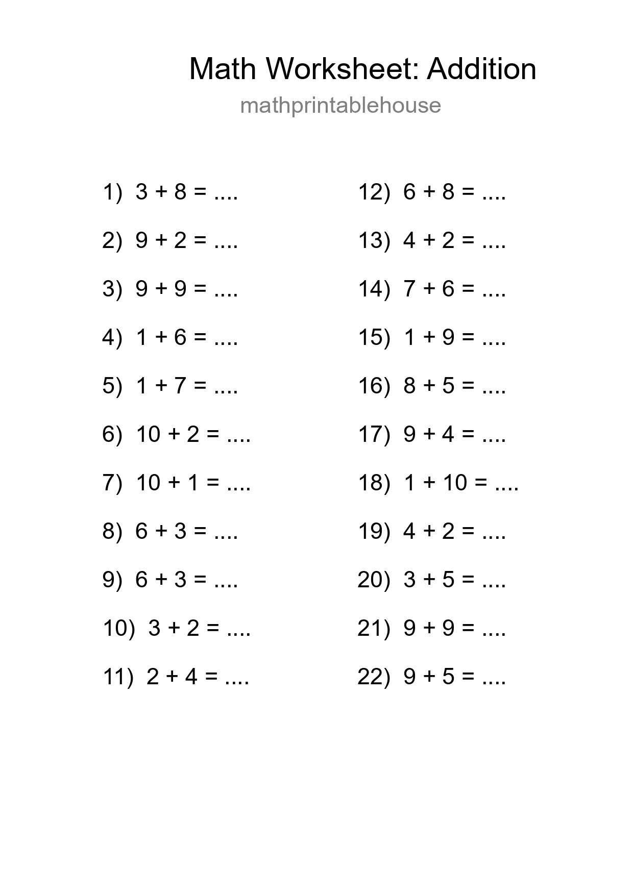 Free 22 Addition Math Worksheet For Grade 1 - Part 100
