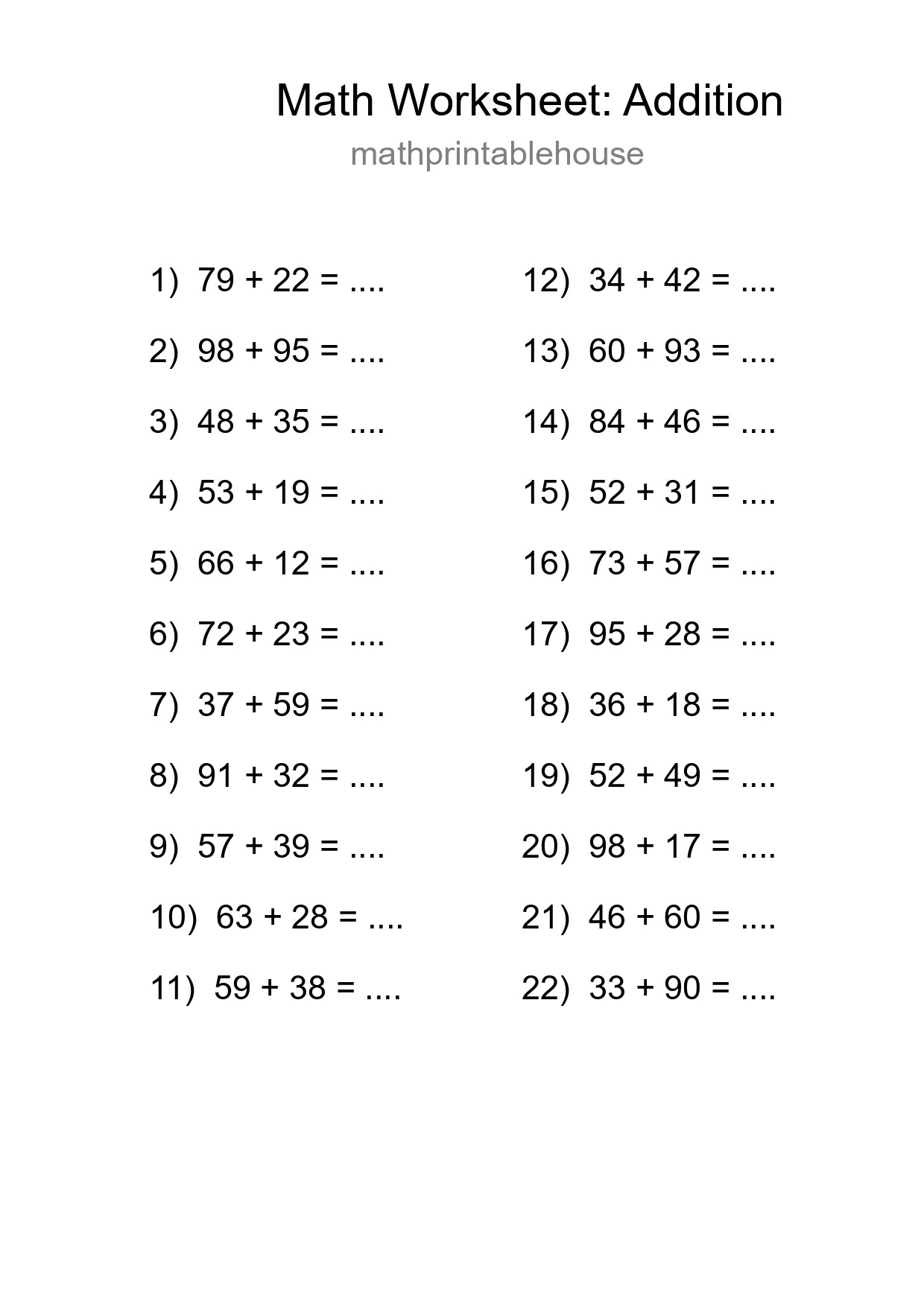 Free 22 Addition Math Worksheet For Grade 3 With Answers - Part 122