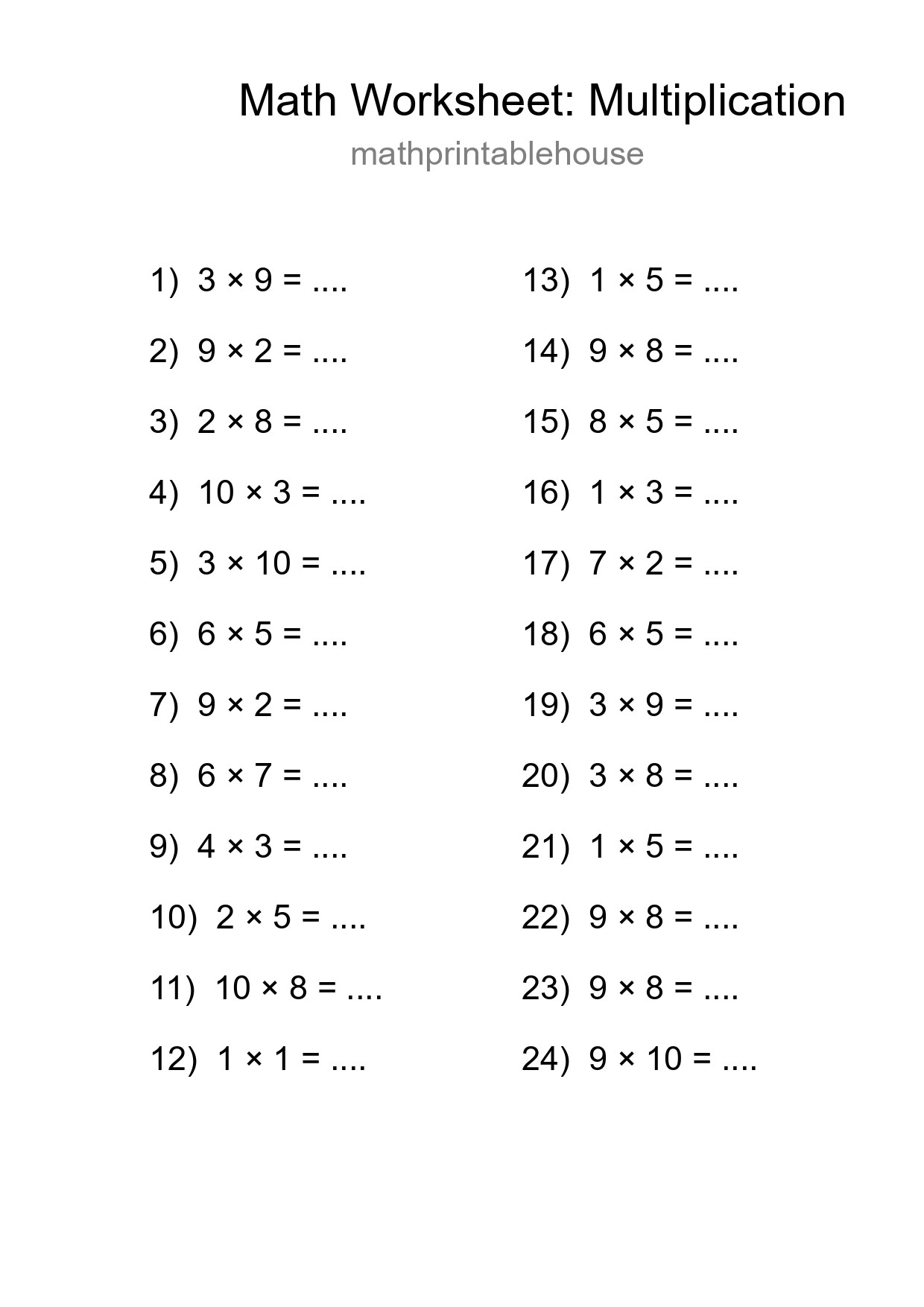 Free 24 Multiplication Math Worksheet For Grade 1 With Answers - Part 117
