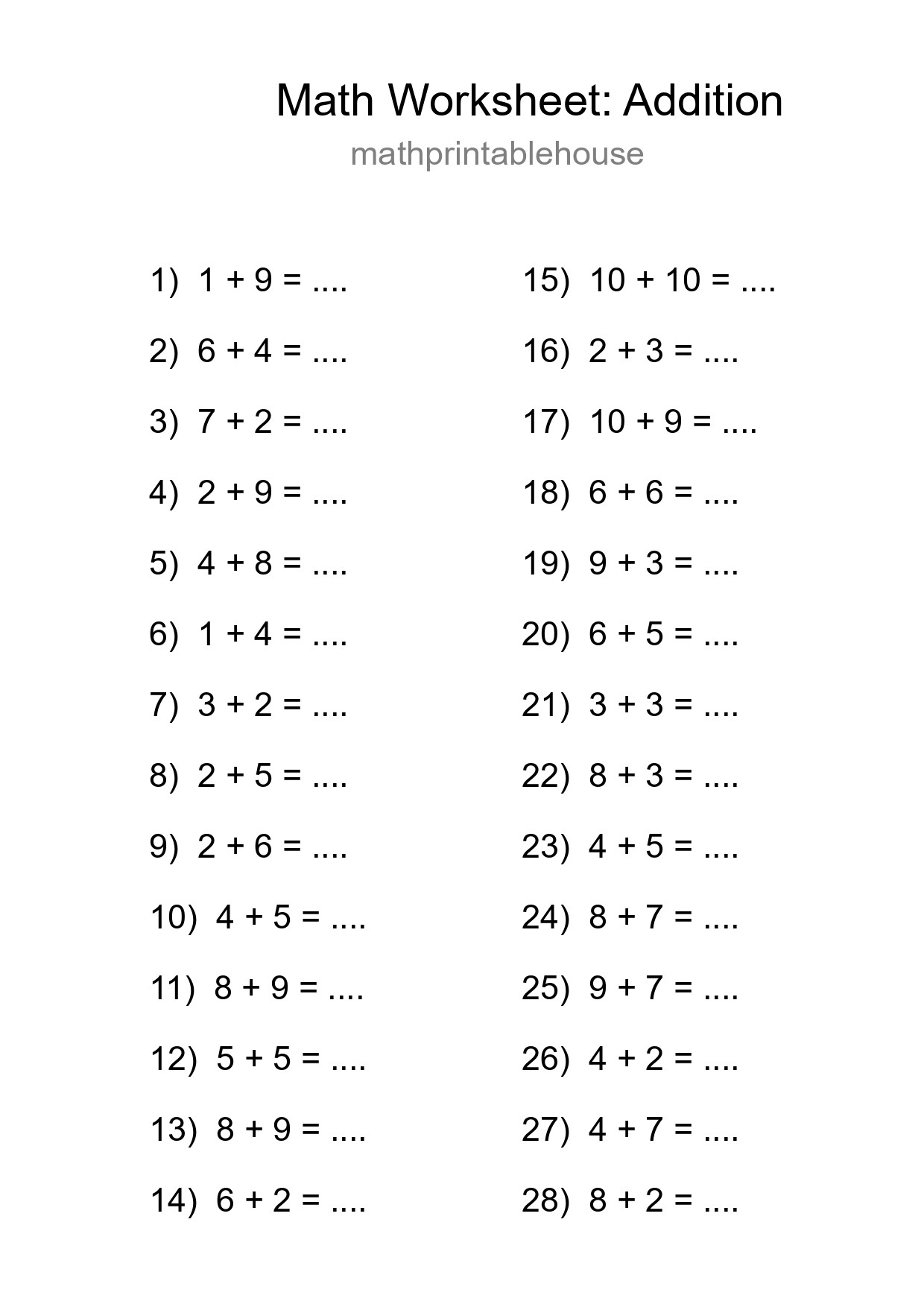 Free 28 Addition Math Worksheet For Grade 1 - Part 276