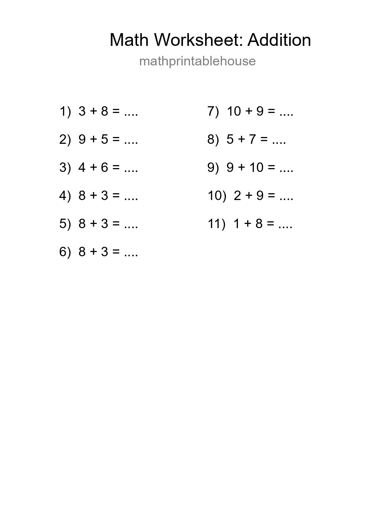 Grade 1 Addition Practice Worksheet (11 Problems) - Part 188