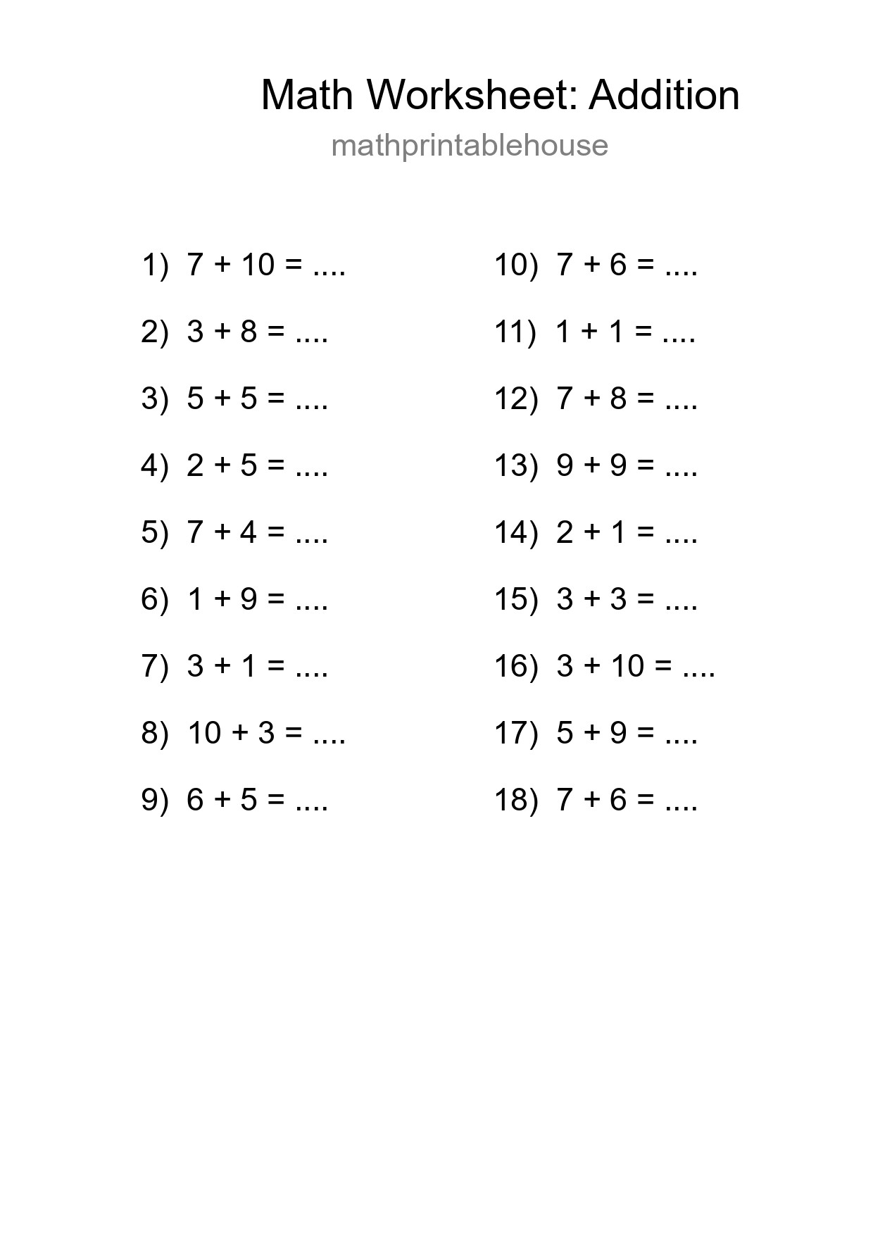 Grade 1 Addition Practice Worksheet (18 Problems) - Part 243