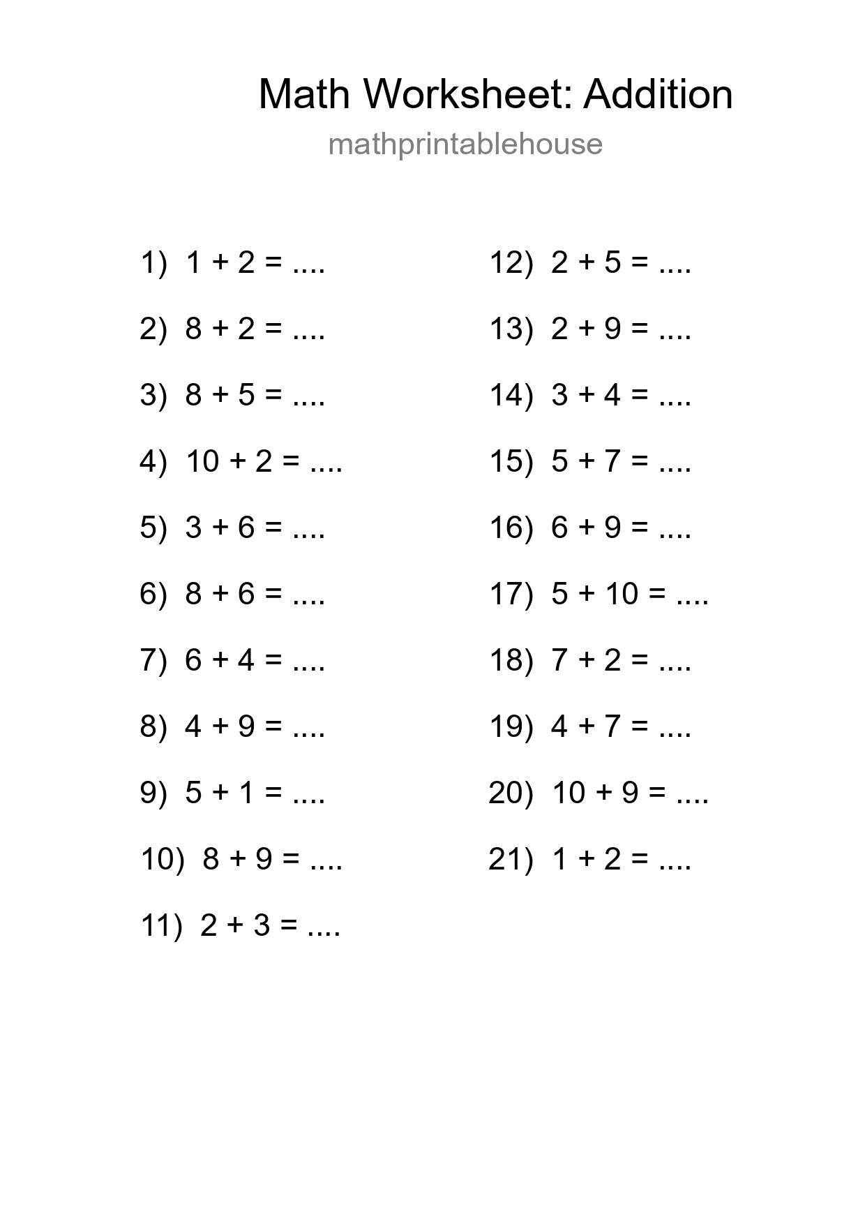 Grade 1 Addition Practice Worksheet (21 Problems) - Part 56