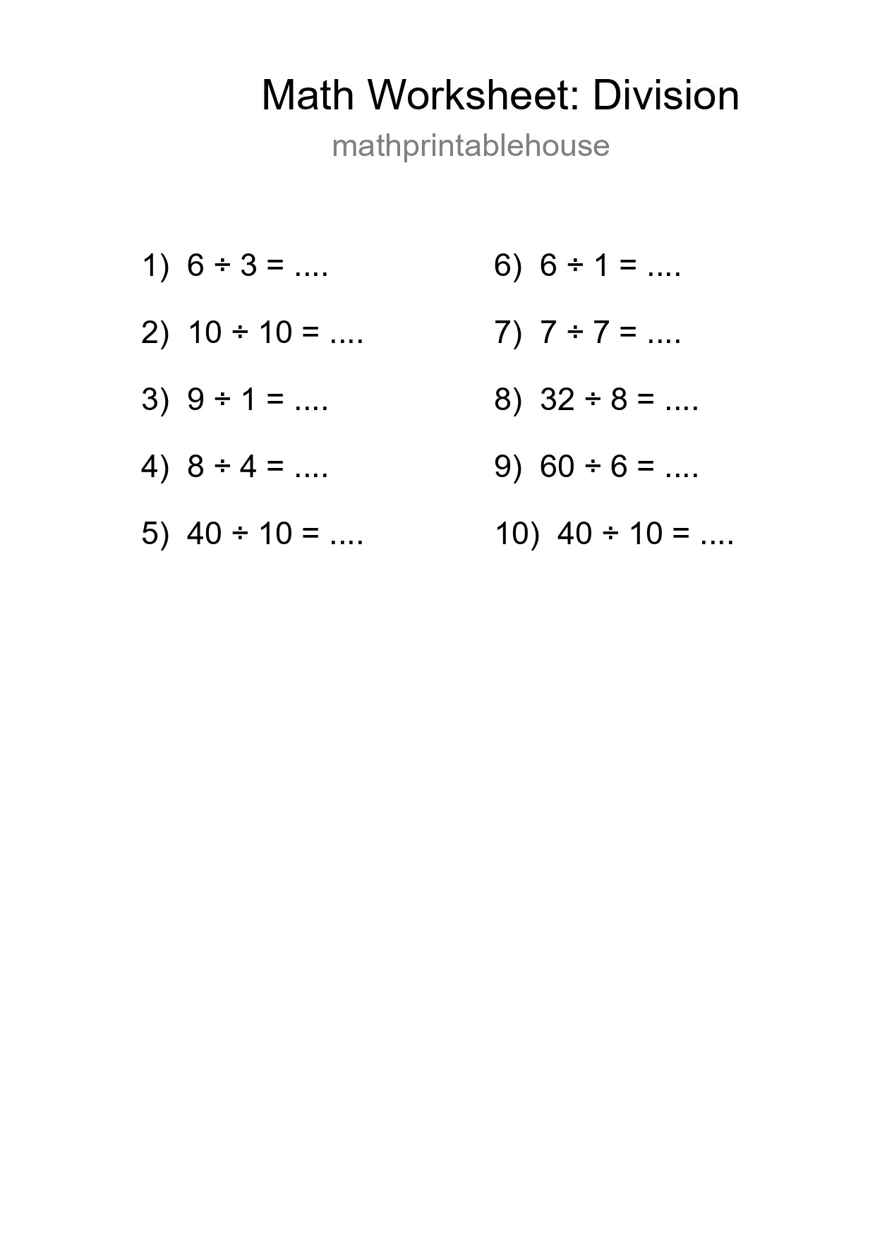 Grade 1 Division Practice Worksheet (10 Problems) - Part 191
