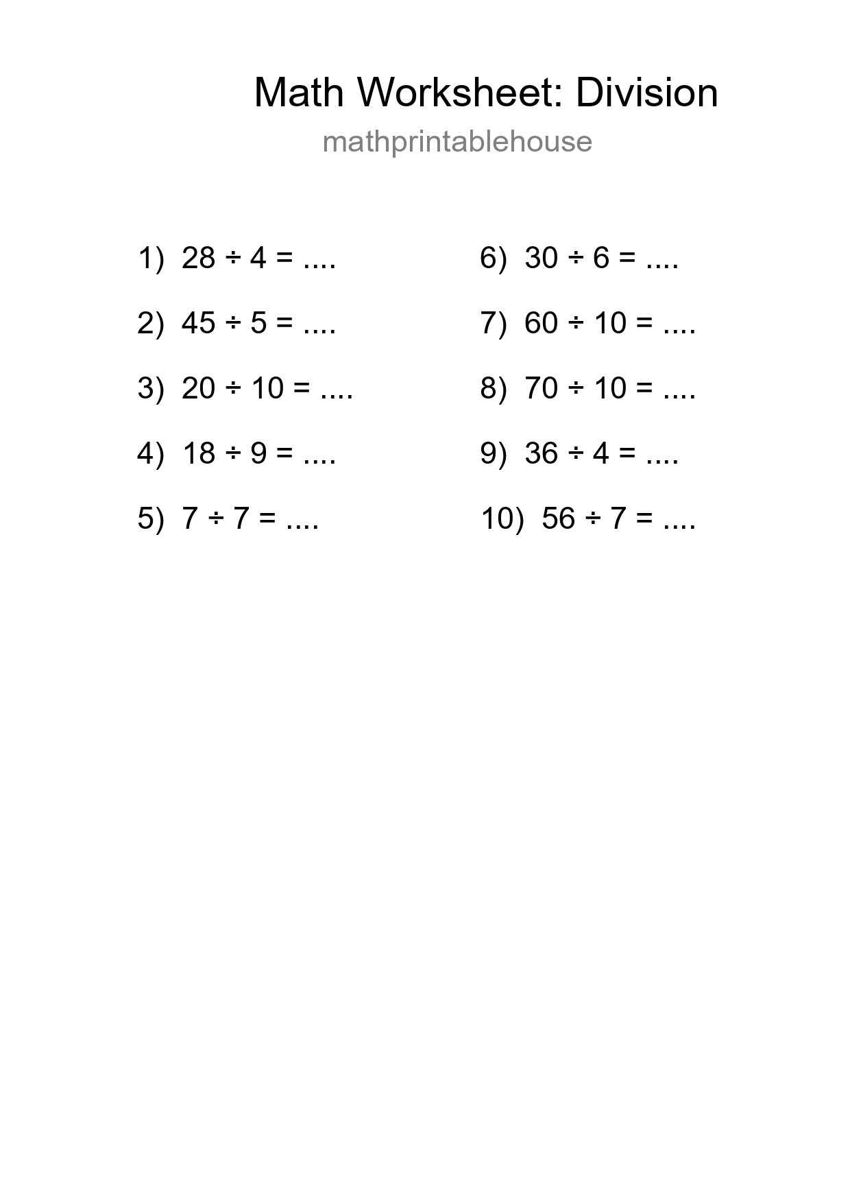 Grade 1 Division Practice Worksheet (10 Problems) - Part 257