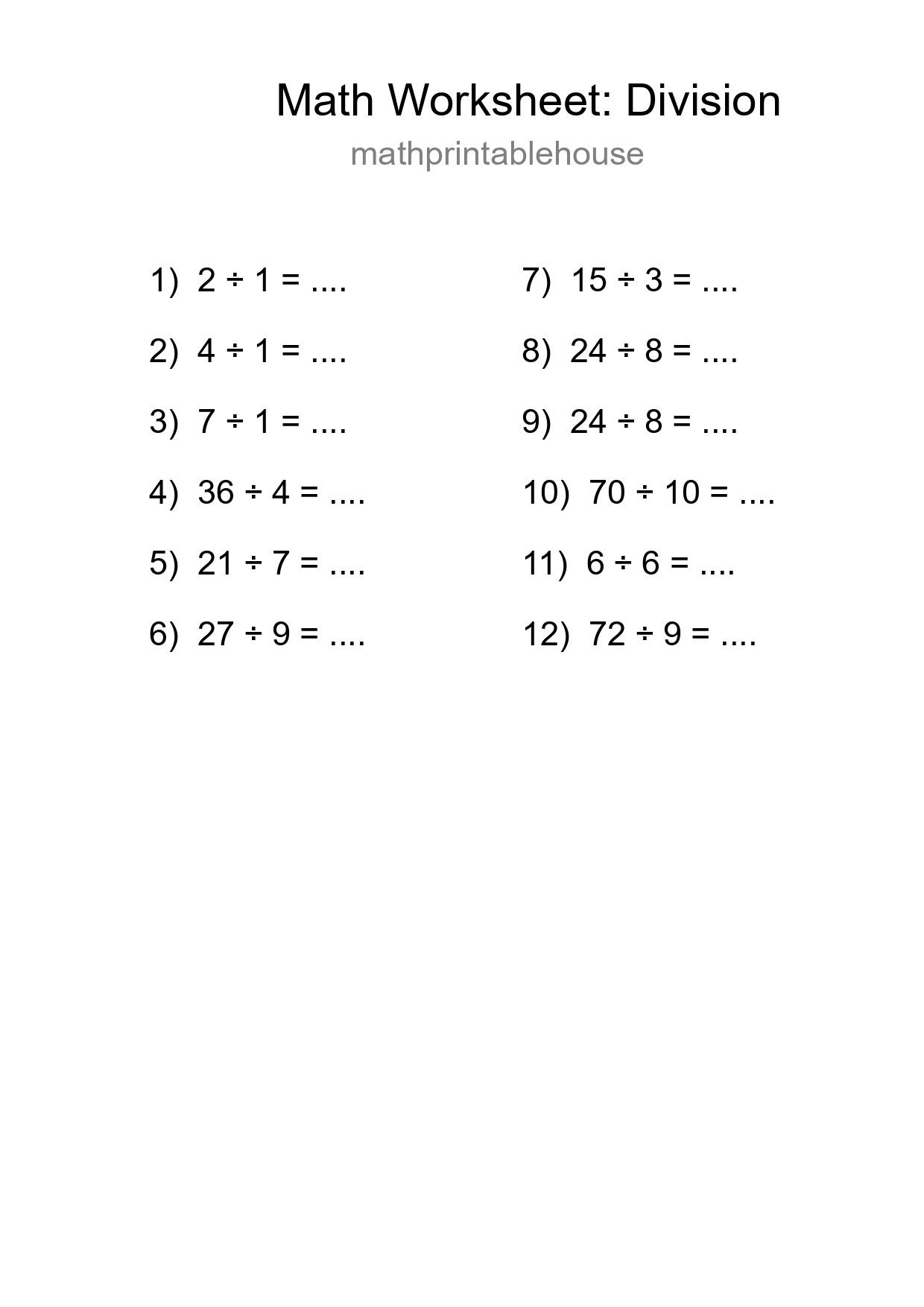 Grade 1 Division Practice Worksheet (12 Problems) - Part 180