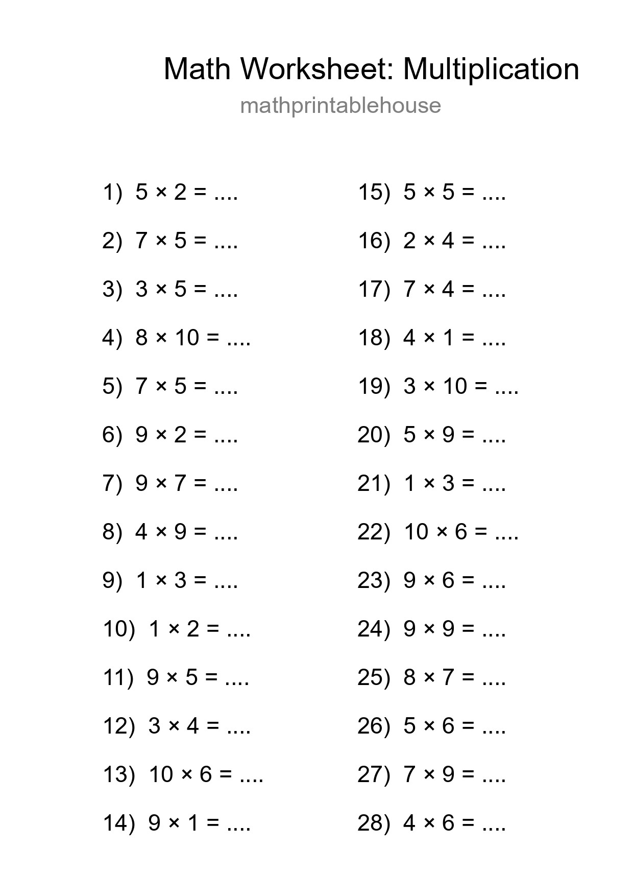 Grade 1 Multiplication Practice Worksheet (28 Problems) - Part 128