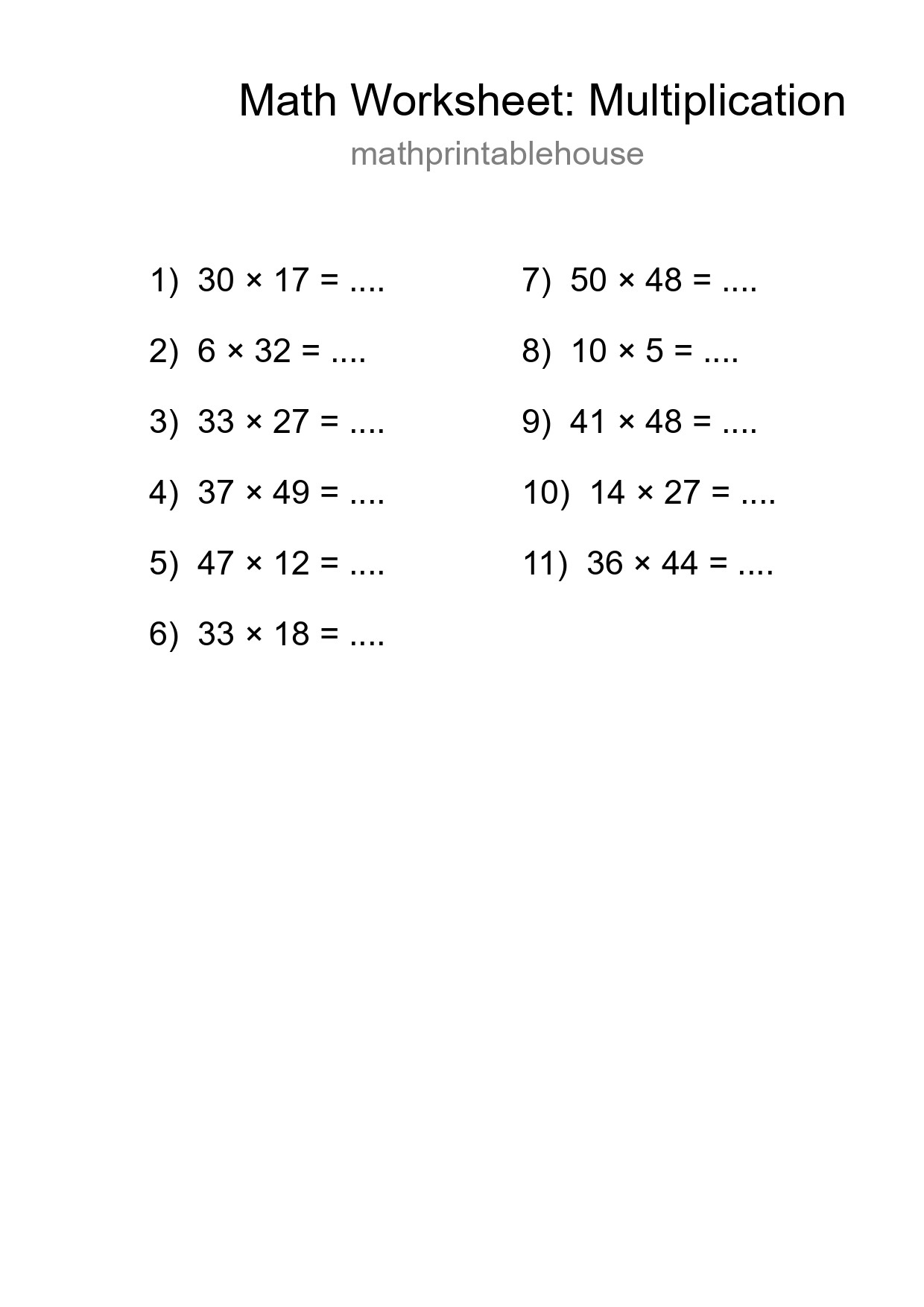 Grade 2 Multiplication Practice Worksheet (11 Problems) - Part 260