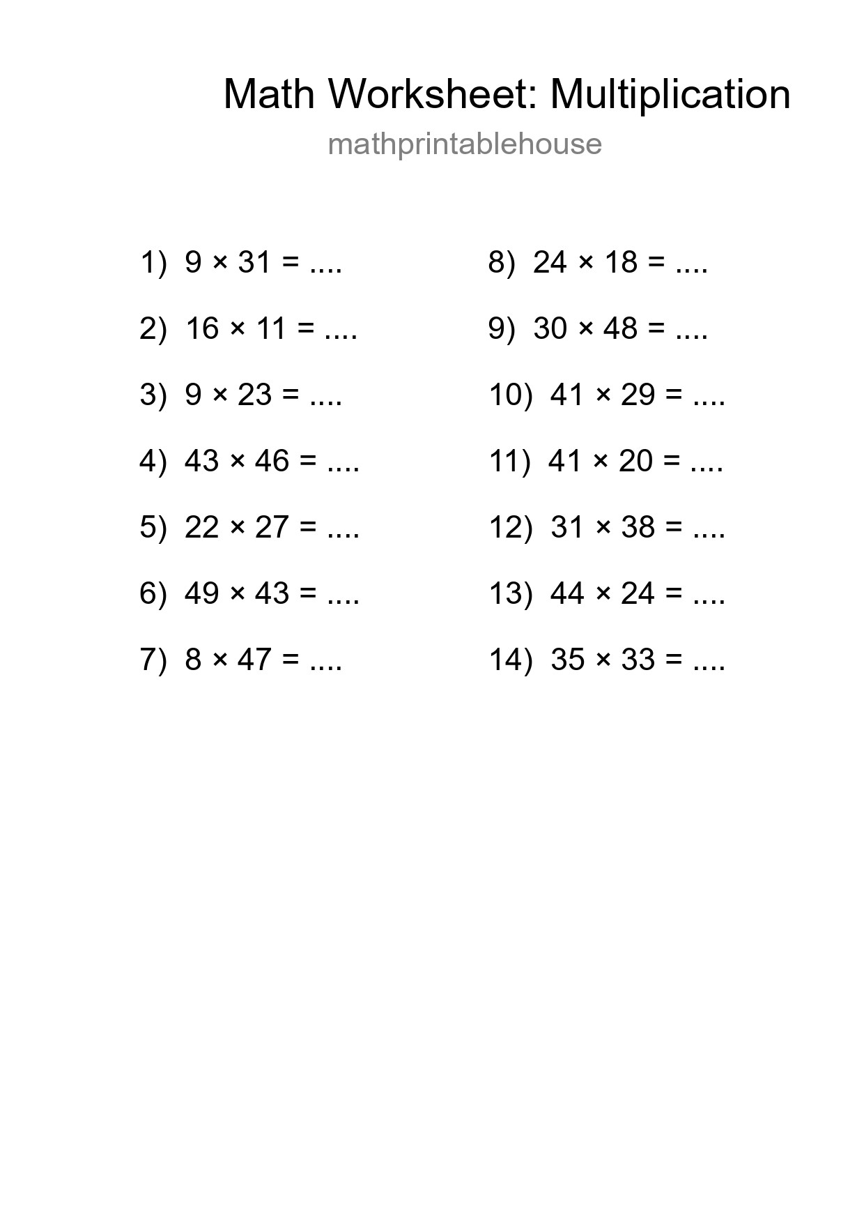 Grade 2 Multiplication Practice Worksheet (14 Problems) - Part 95