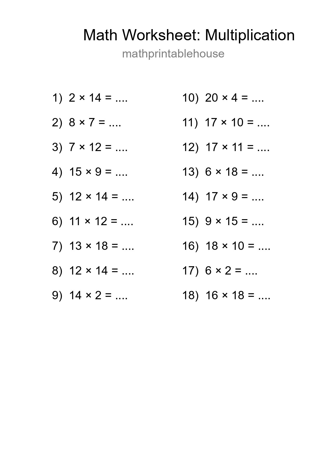 Grade 2 Multiplication Practice Worksheet (18 Problems) - Part 238