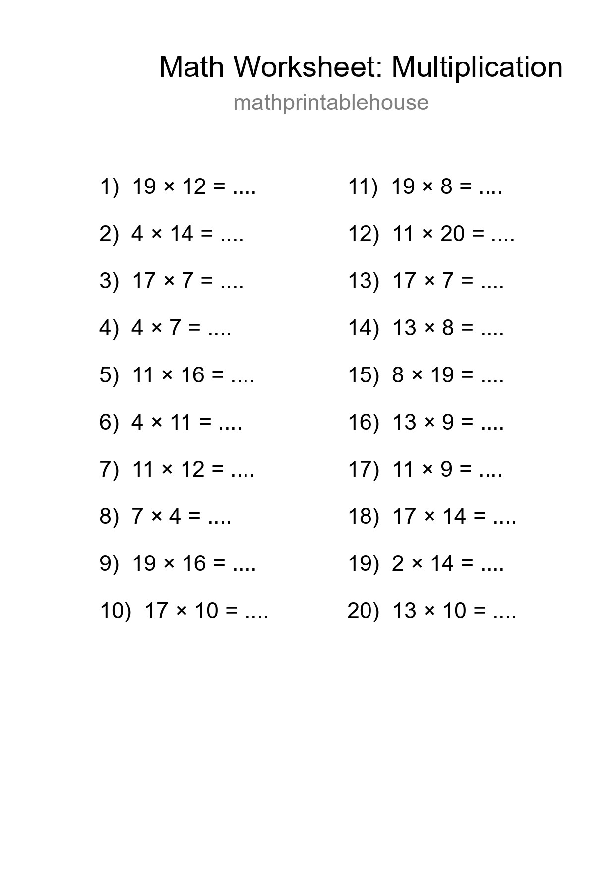 Grade 2 Multiplication Practice Worksheet (20 Problems) - Part 139