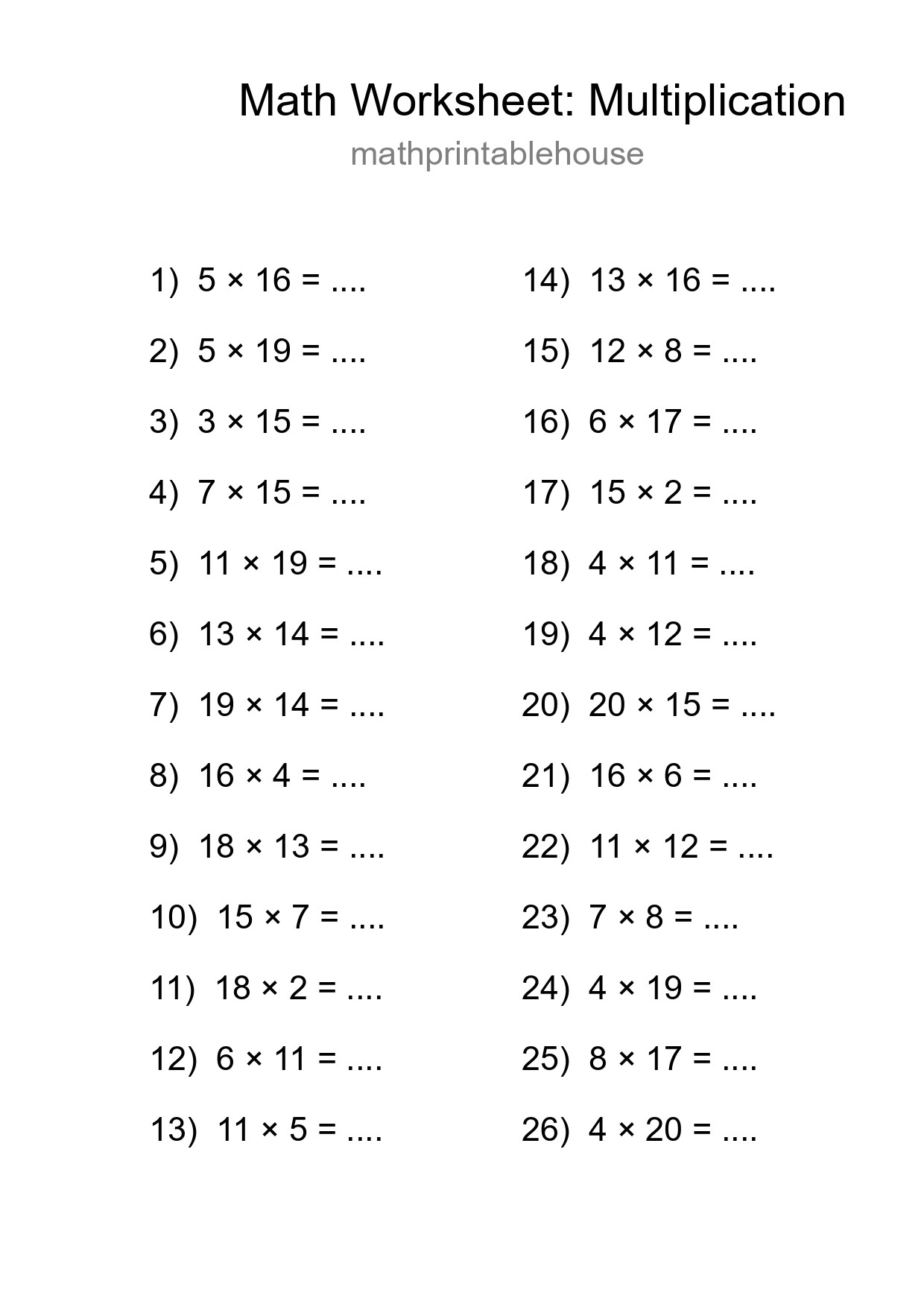 Grade 2 Multiplication Practice Worksheet (26 Problems) - Part 106
