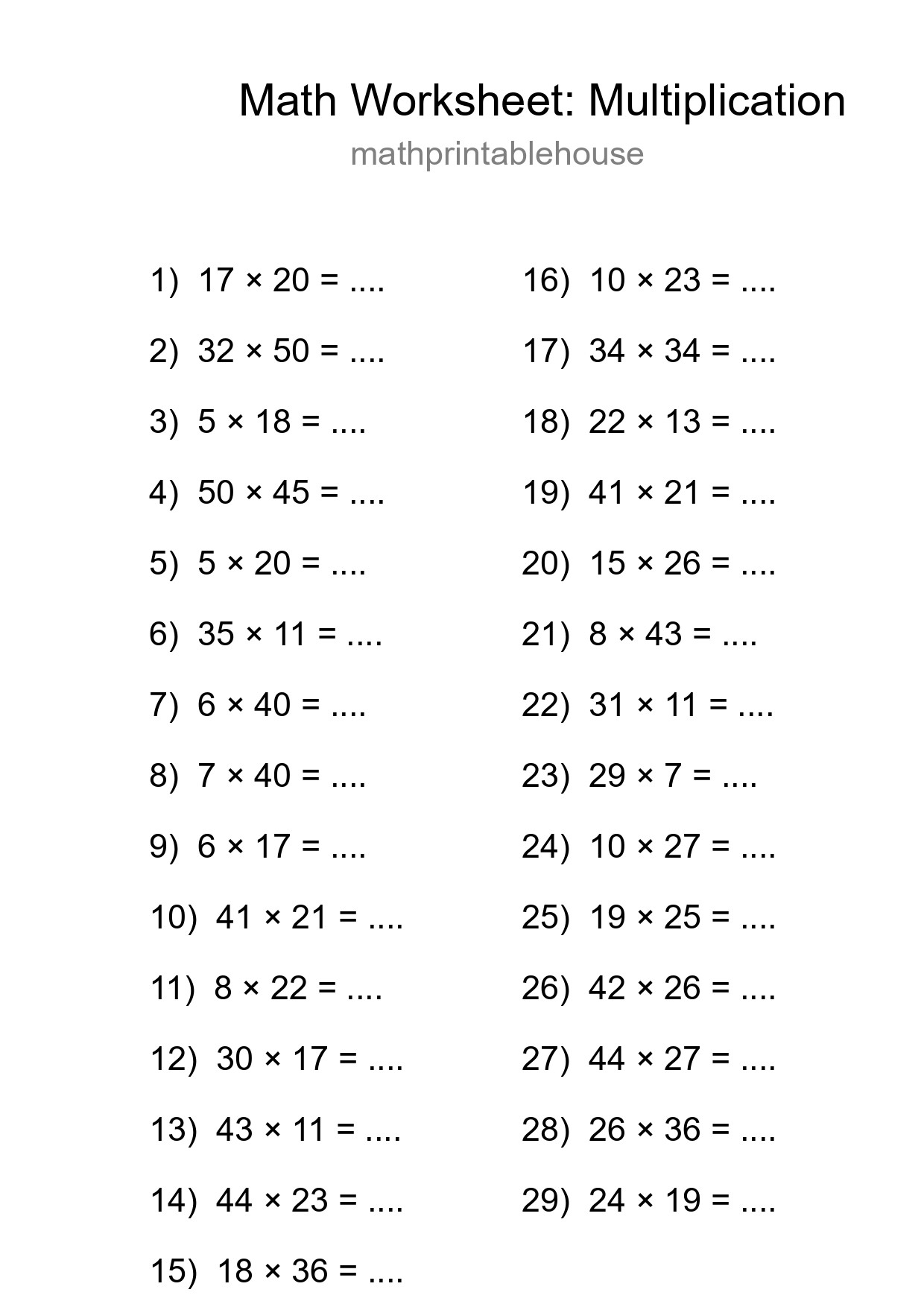 Grade 2 Multiplication Practice Worksheet (29 Problems) - Part 161