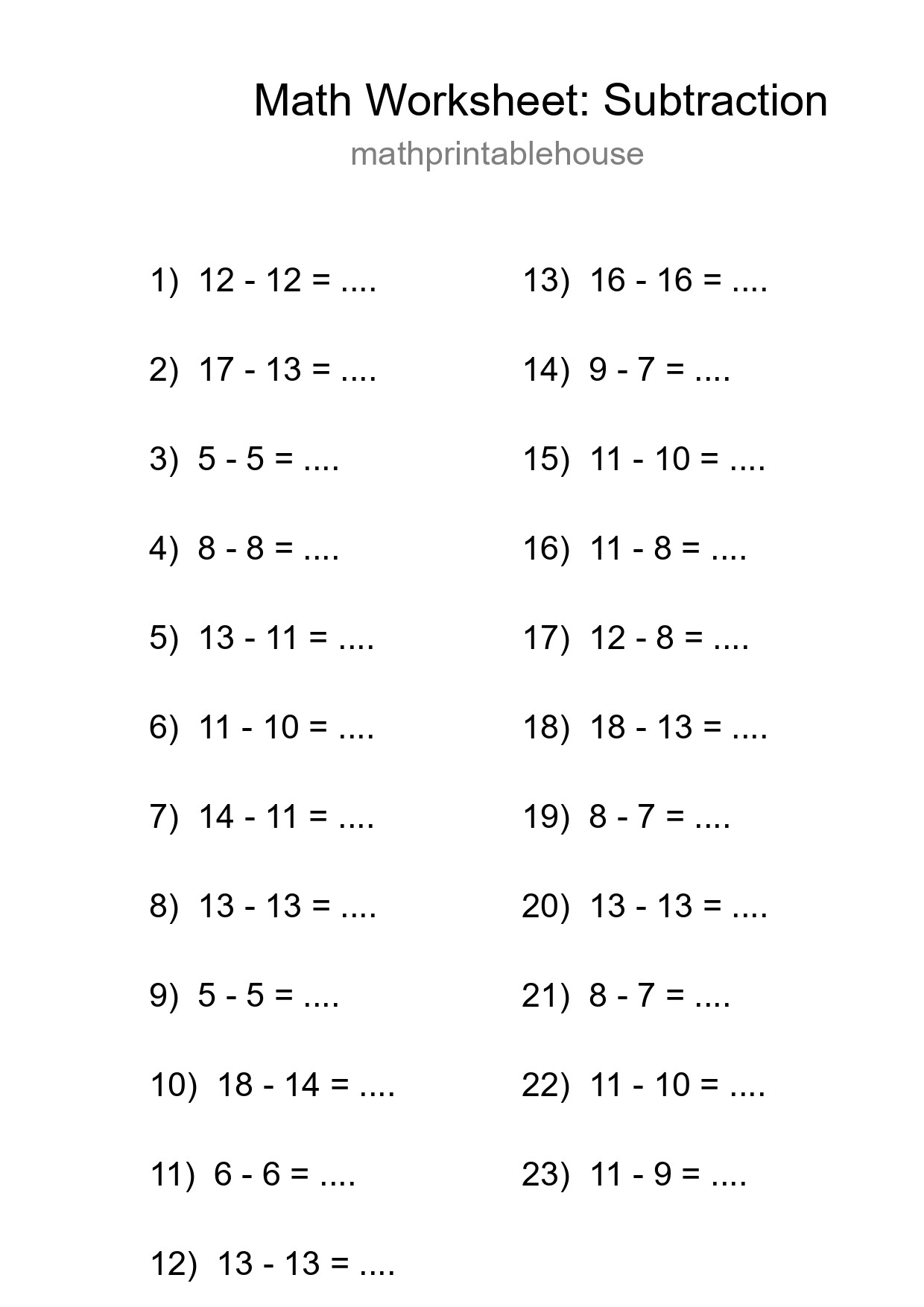 Grade 2 Subtraction Practice Worksheet (23 Problems) - Part 206