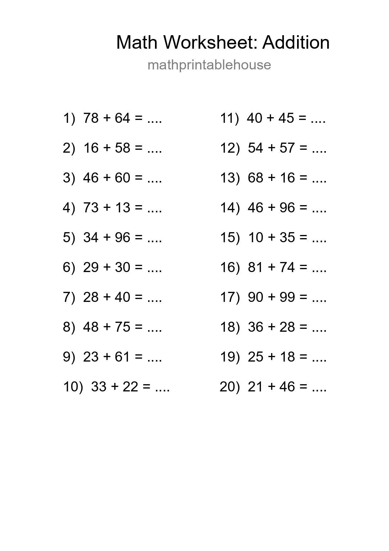 Grade 3 Addition Practice Worksheet (20 Problems) - Part 133