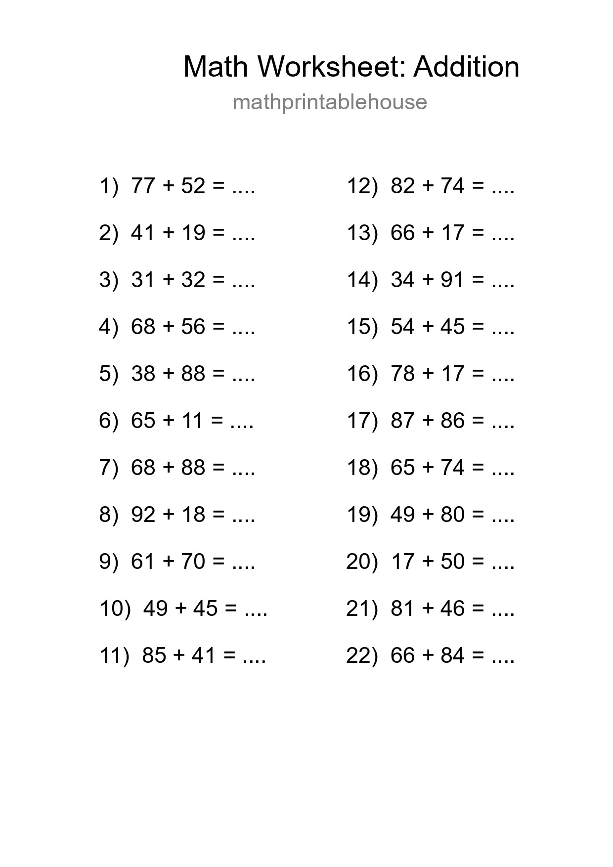 Grade 3 Addition Practice Worksheet (22 Problems) - Part 287
