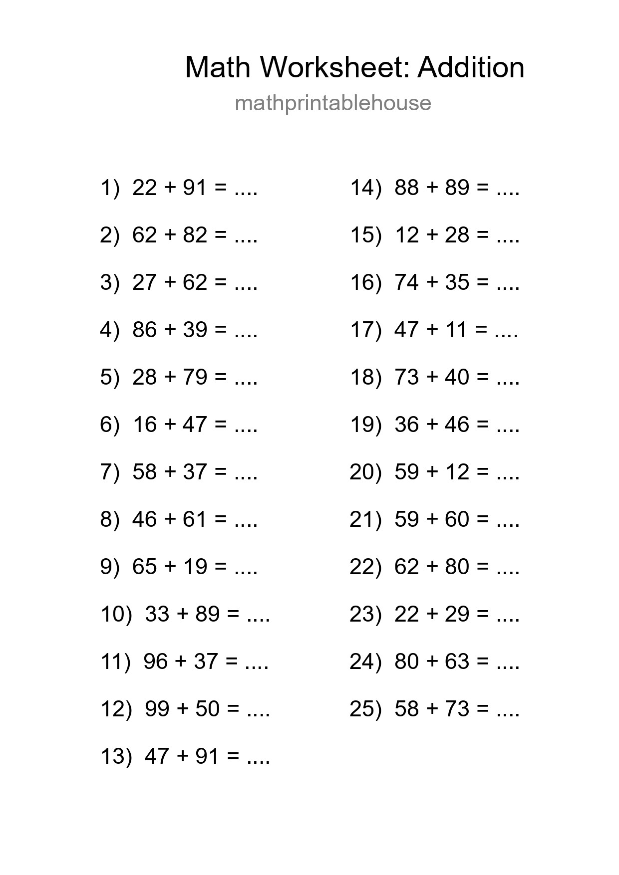 Grade 3 Addition Practice Worksheet (25 Problems) - Part 199