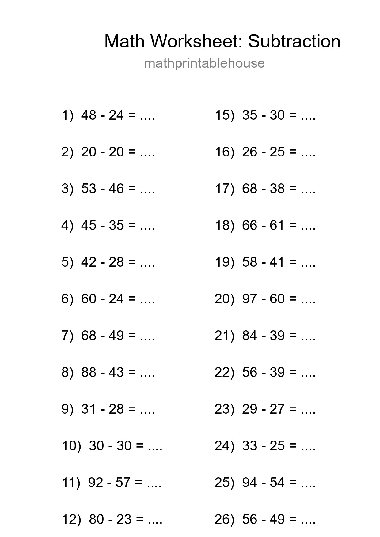 Grade 3 Subtraction Practice Worksheet (27 Problems) - Part 96