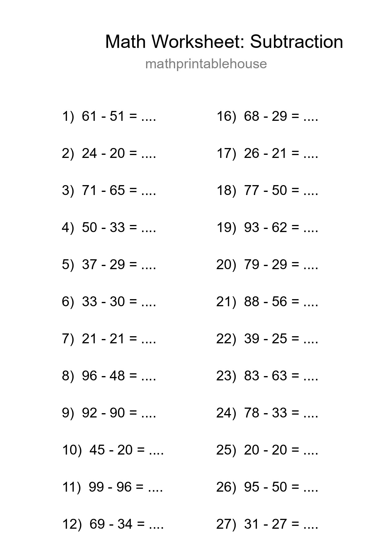 Grade 3 Subtraction Practice Worksheet (30 Problems) - Part 151