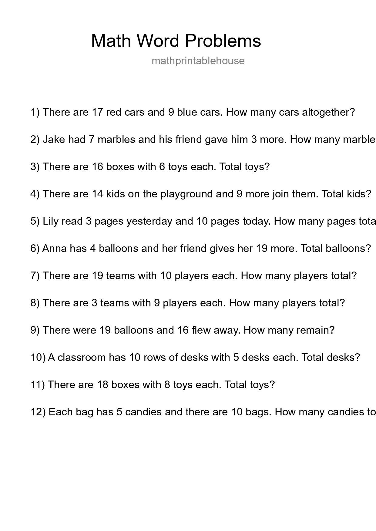 Math Word Problem Worksheet