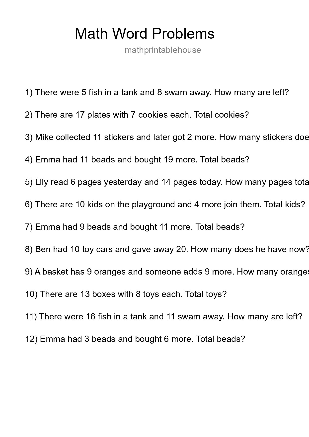 Math Word Problem Worksheet