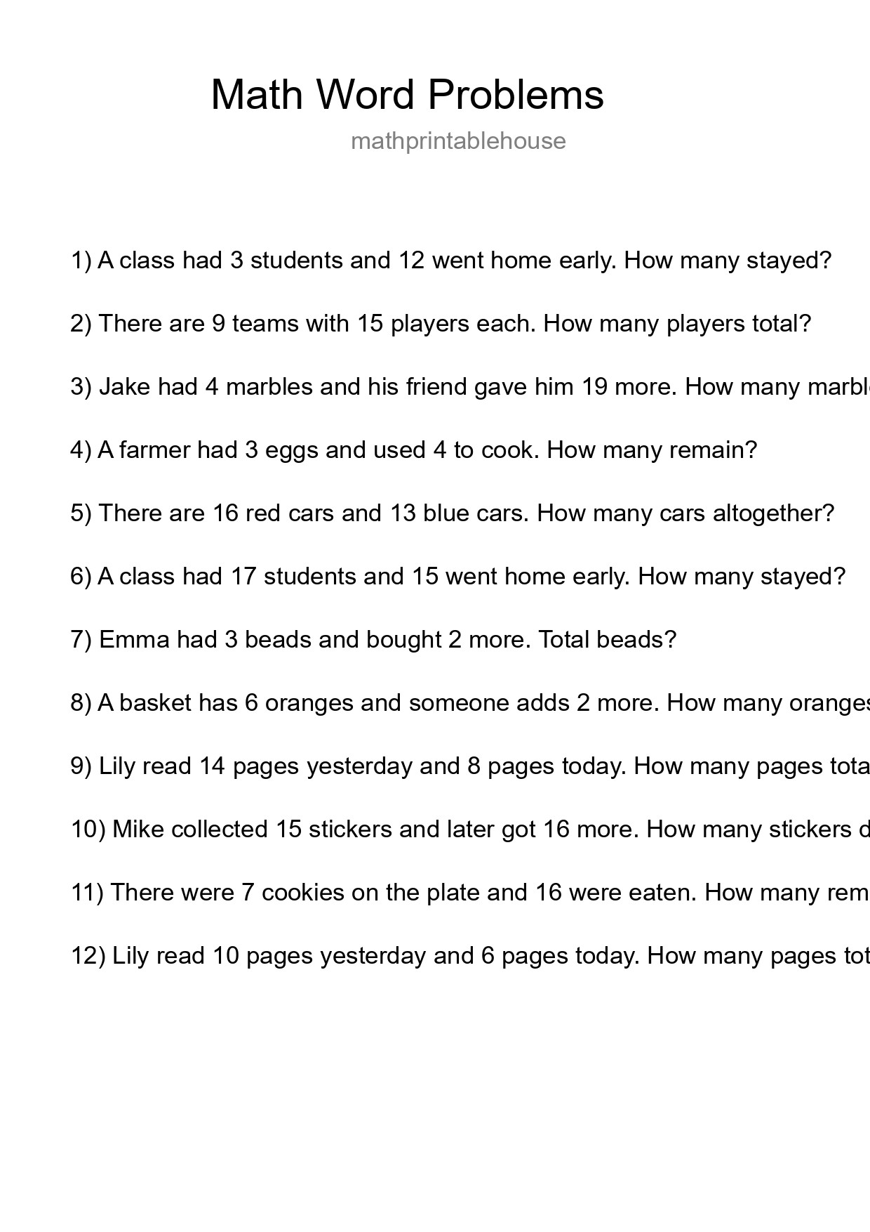 Math Word Problem Worksheet