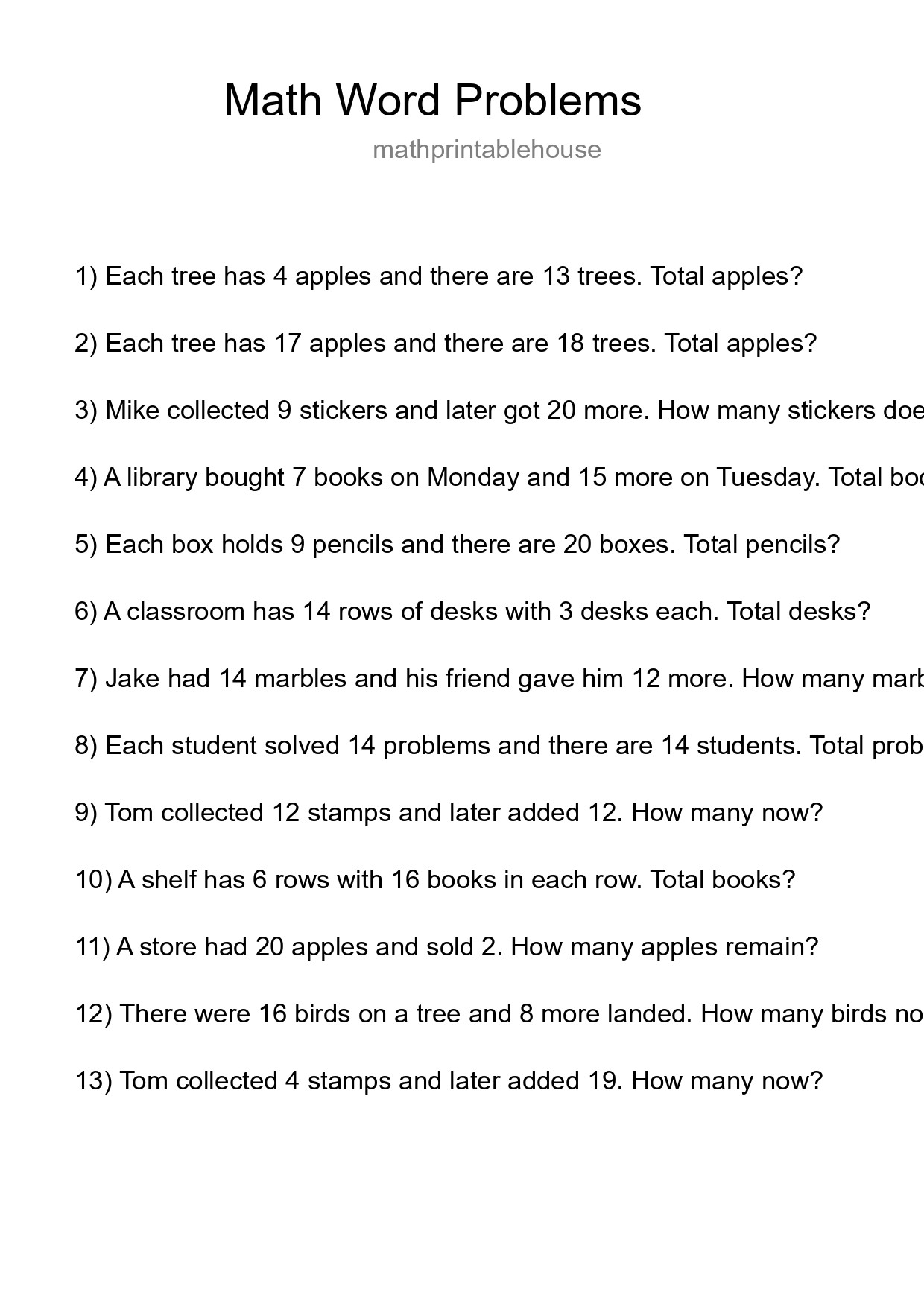 Math Word Problem Worksheet