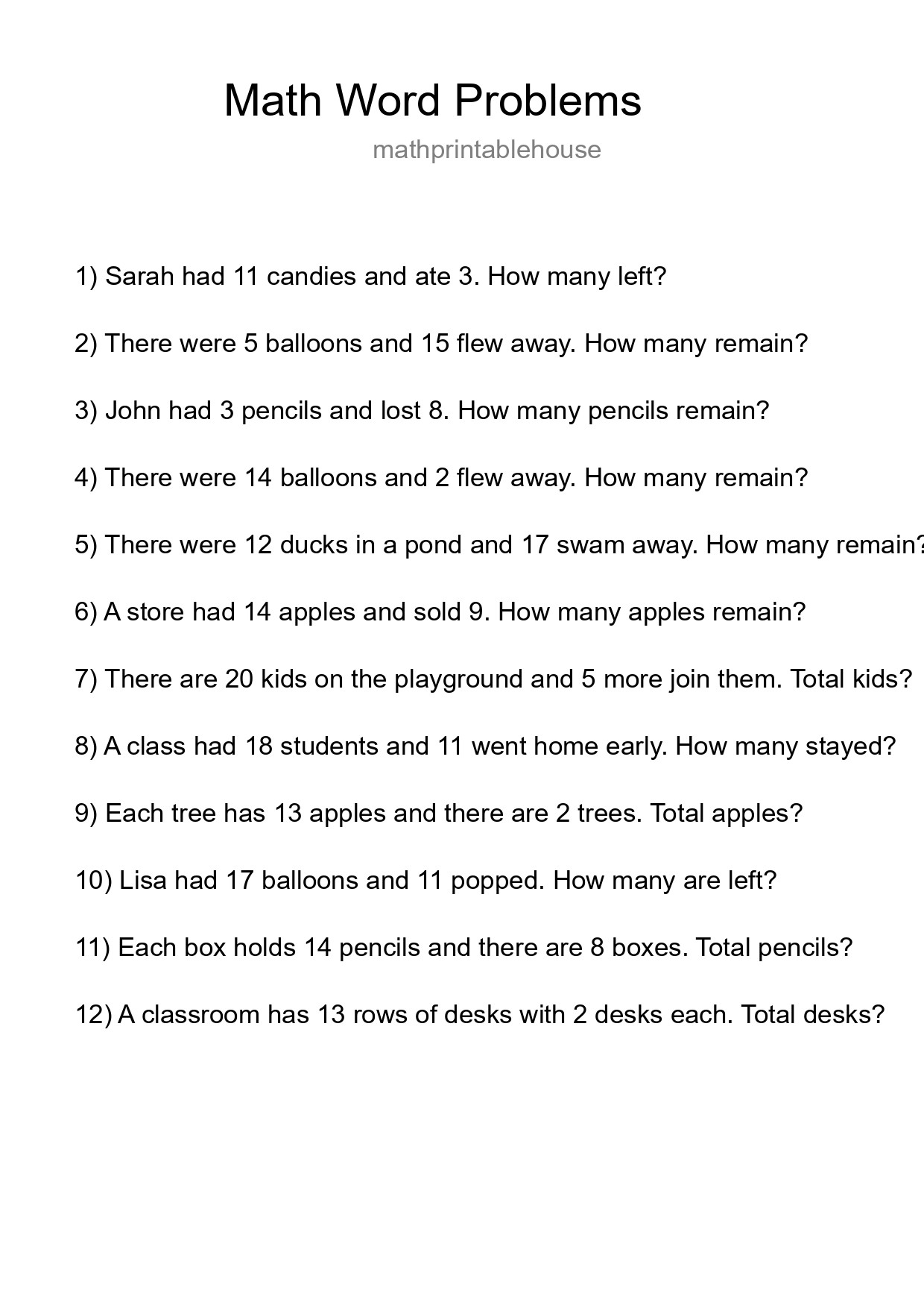 Math Word Problem Worksheet