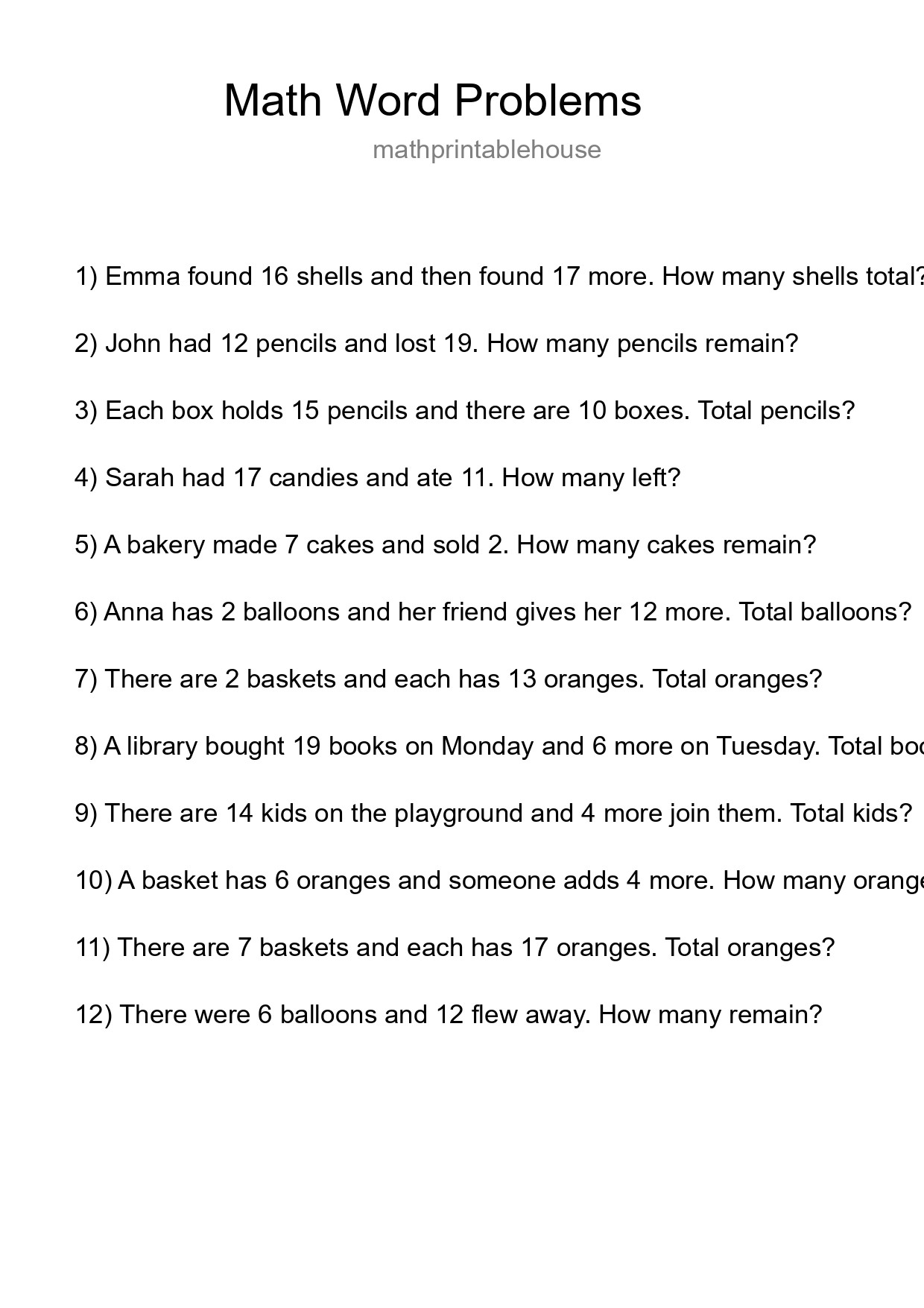 Math Word Problem Worksheet
