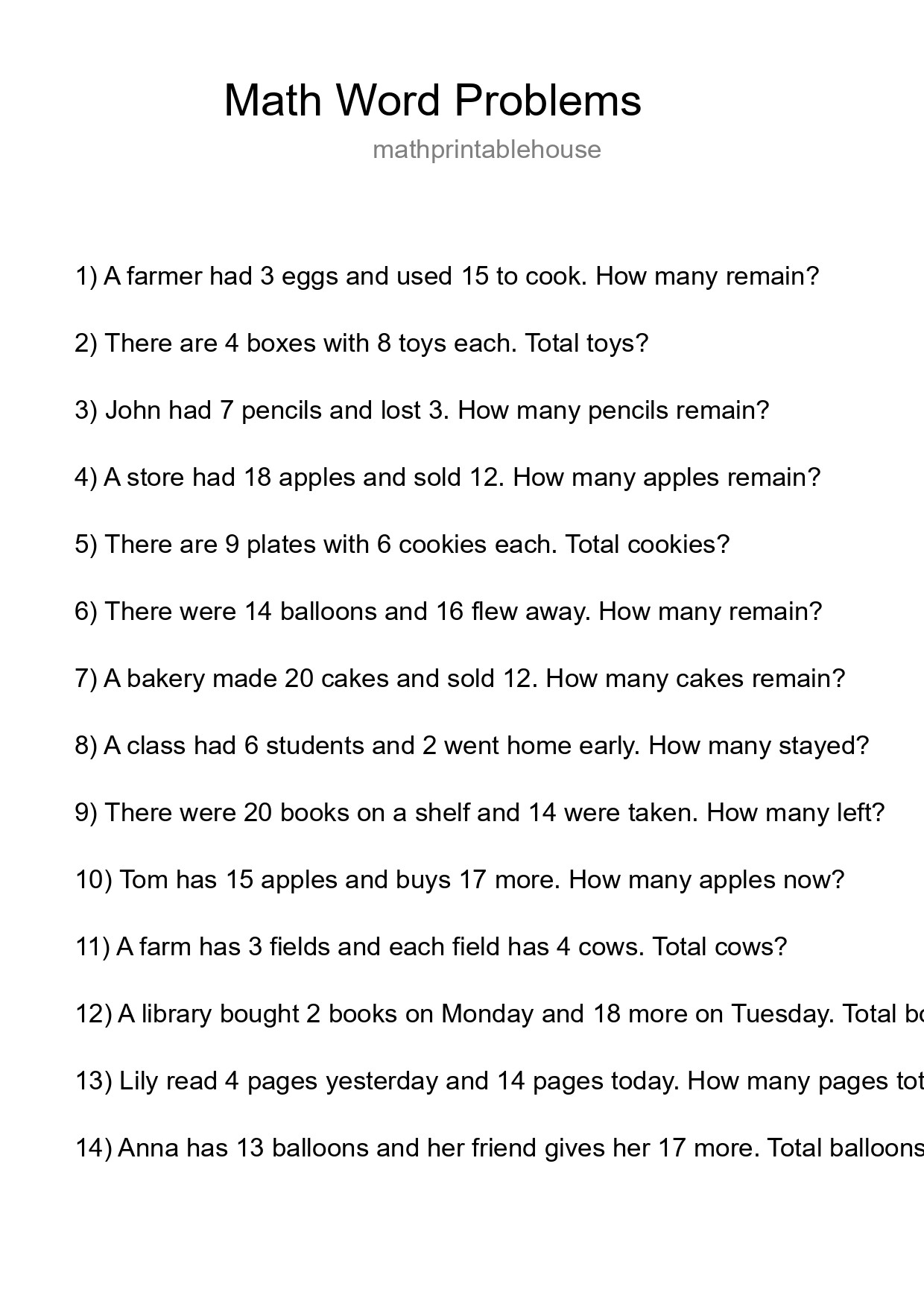 Math Word Problem Worksheet
