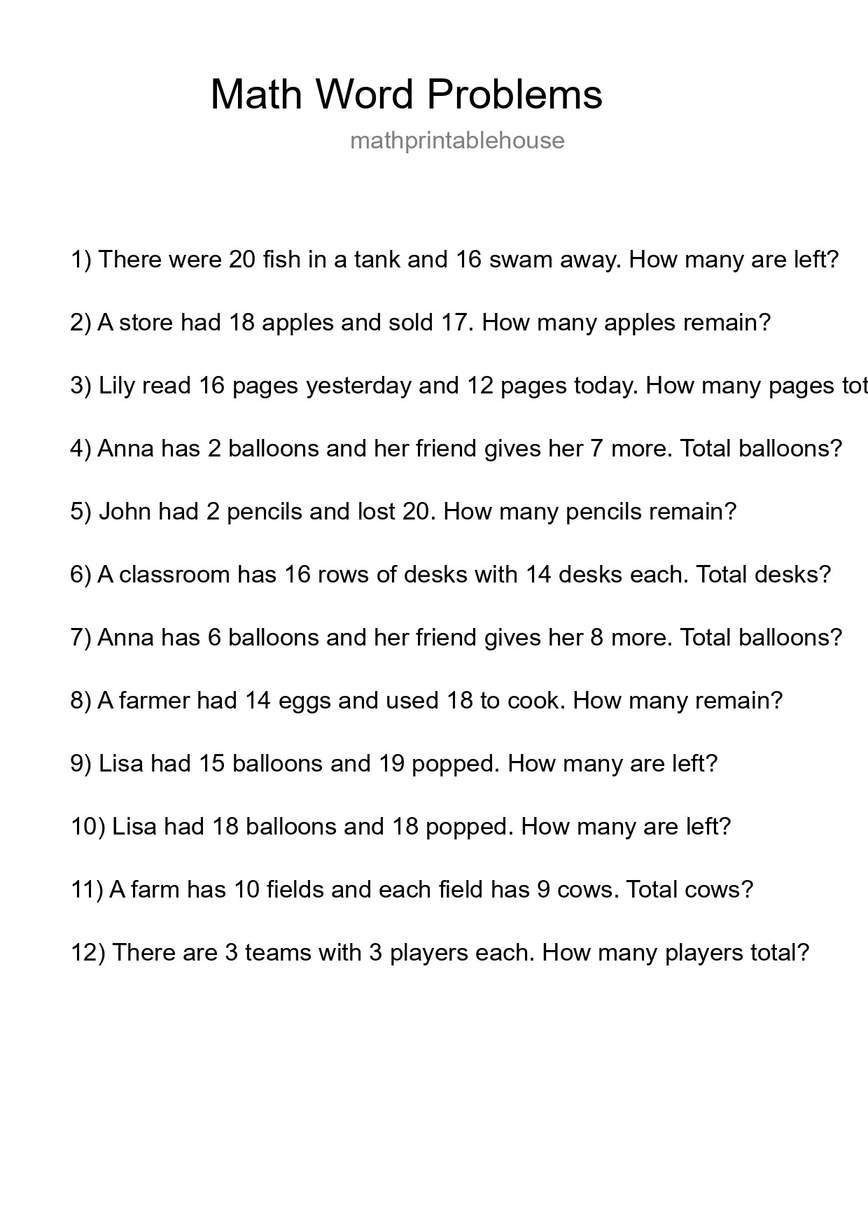 Math Word Problem Worksheet