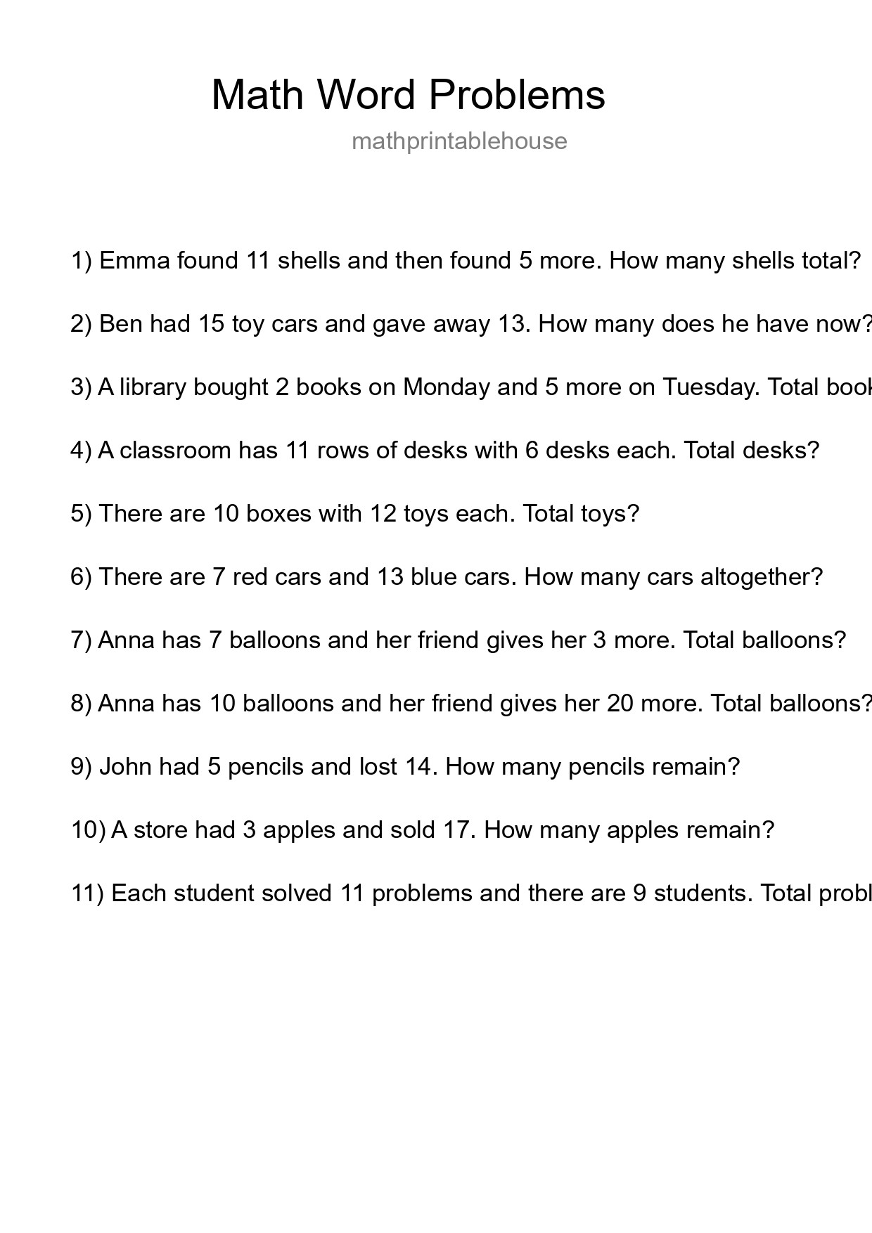 Math Word Problem Worksheet